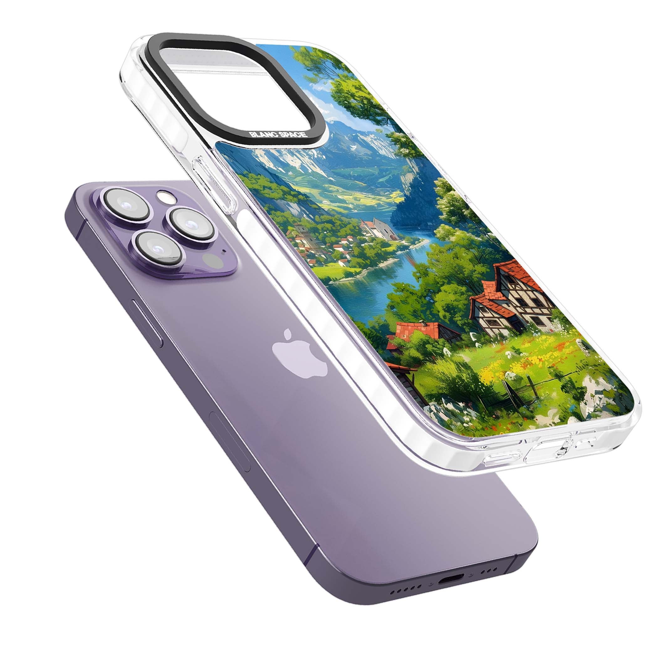 Village In The Valley anime iPhone case featuring a painted mountain village, river valley and half-timbered cottages. | Impact Magsafe case for iPhone 13 Pro, iPhone 14 Pro, iPhone 15 Pro