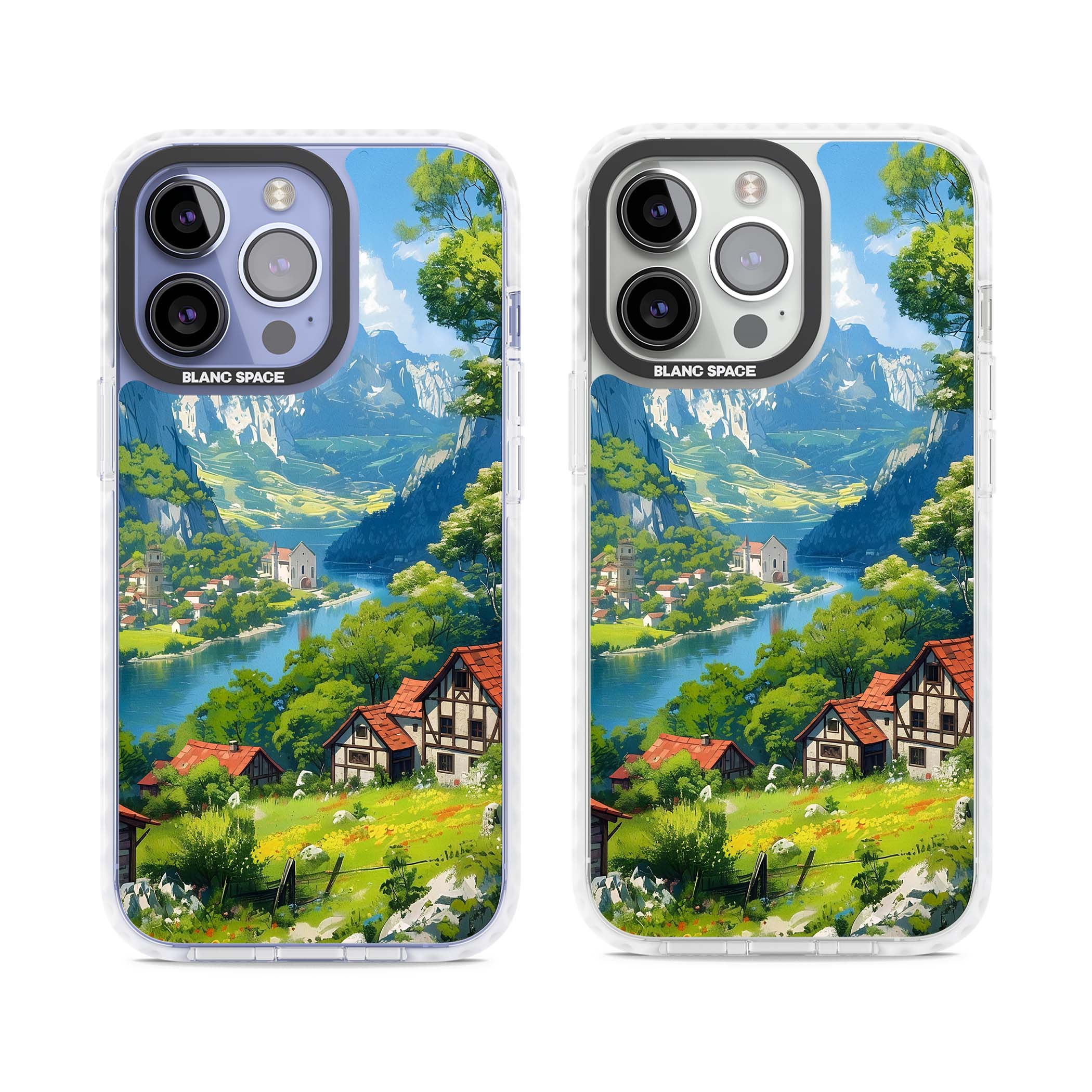 Village In The Valley anime iPhone case featuring a painted mountain village, river valley and half-timbered cottages. | Impact Magsafe case for iPhone 13 Pro, iPhone 14 Pro, iPhone 15 Pro