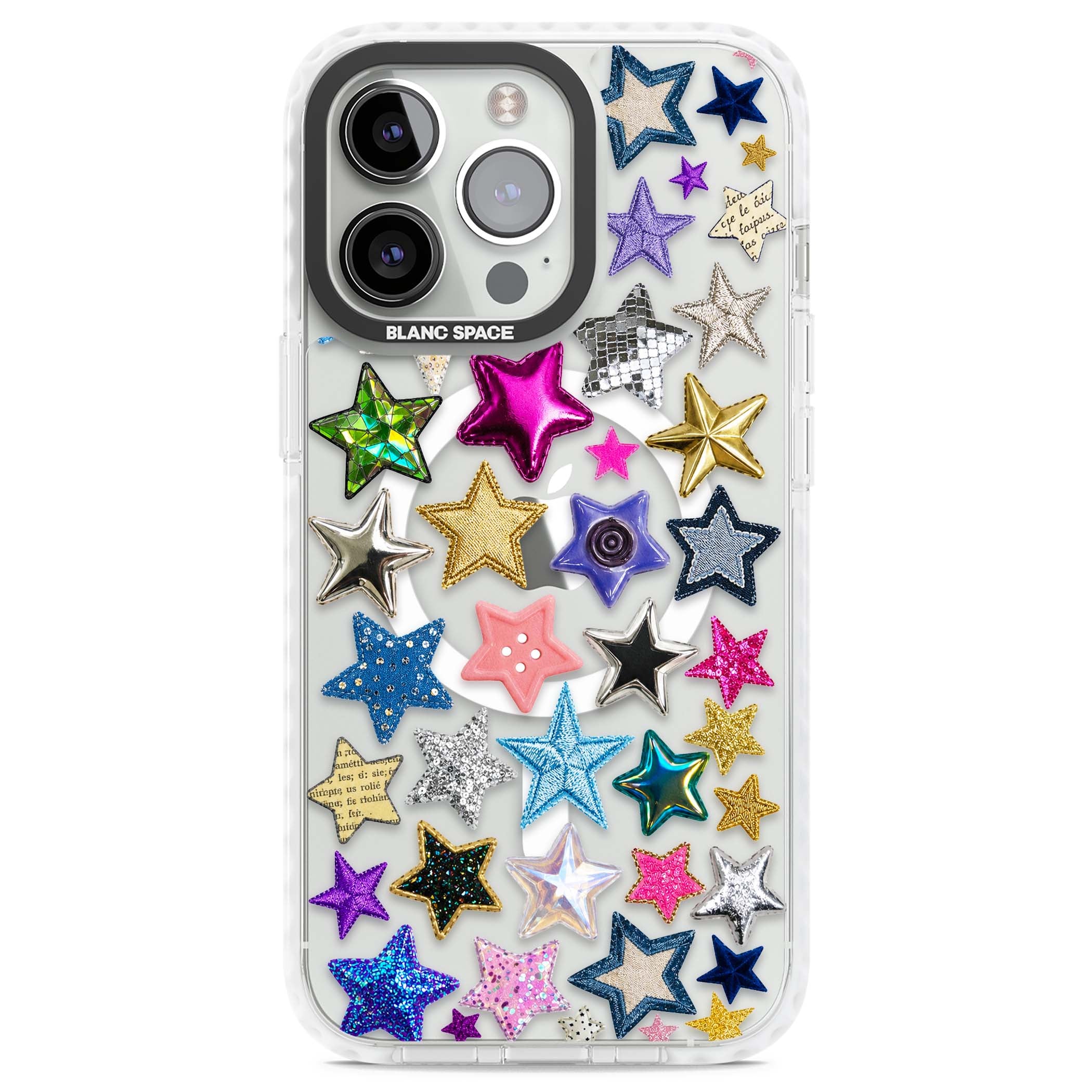 Crafty Star Mix Y2K iPhone case featuring embroidered, sequinned and glitter star patches in rainbow colours | Impact Magsafe case for iPhone 13 Pro, iPhone 14 Pro, iPhone 15 Pro