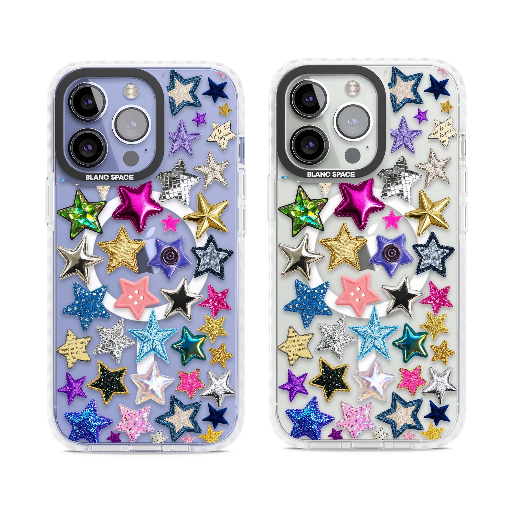 Crafty Star Mix Y2K iPhone case featuring embroidered, sequinned and glitter star patches in rainbow colours | Impact Magsafe case for iPhone 13 Pro, iPhone 14 Pro, iPhone 15 Pro