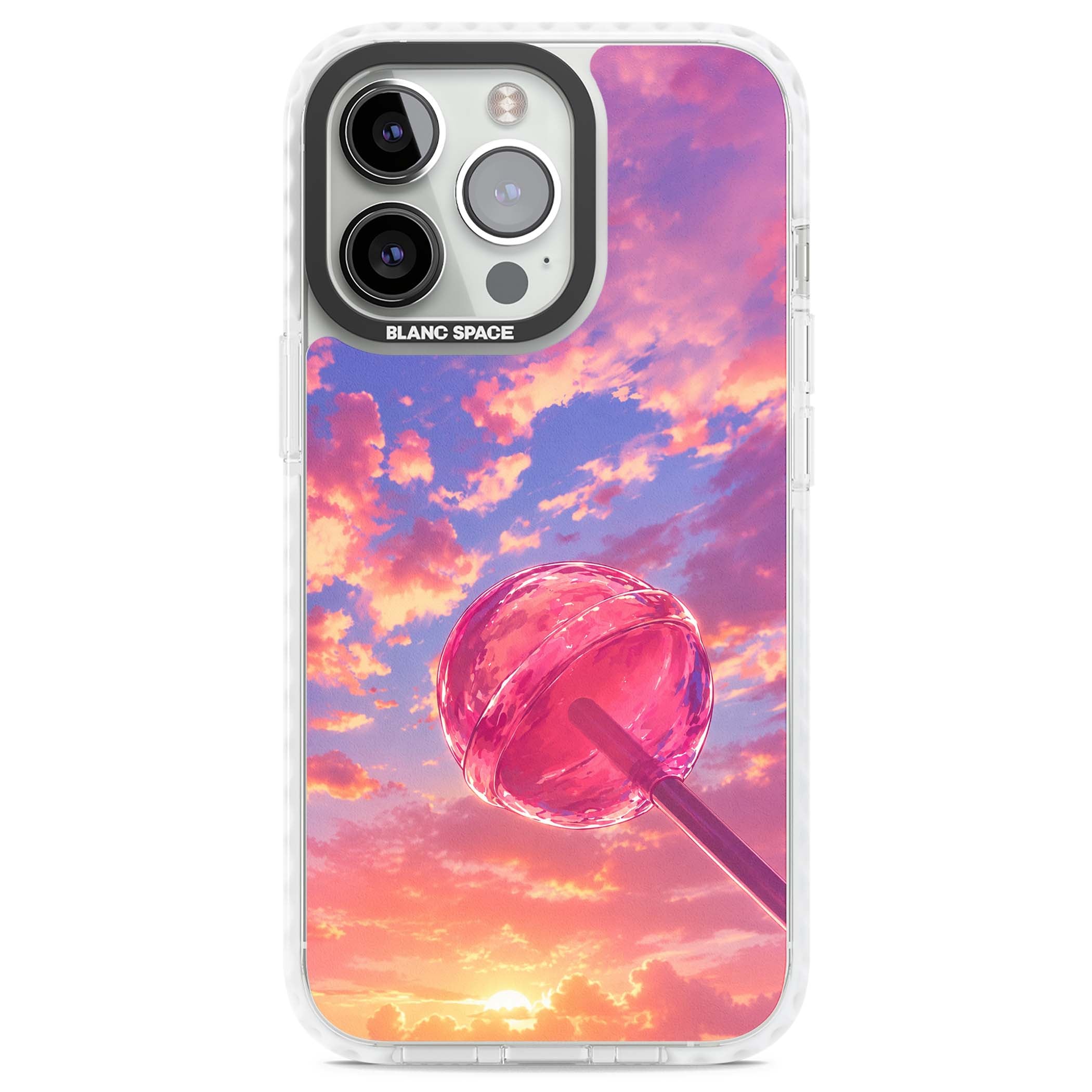 Sugar Sunset candy aesthetic iPhone case featuring a pink lollipop, pastel sunset sky and dreamy clouds | Impact Magsafe case for iPhone 13 Pro, iPhone 14 Pro, iPhone 15 Pro