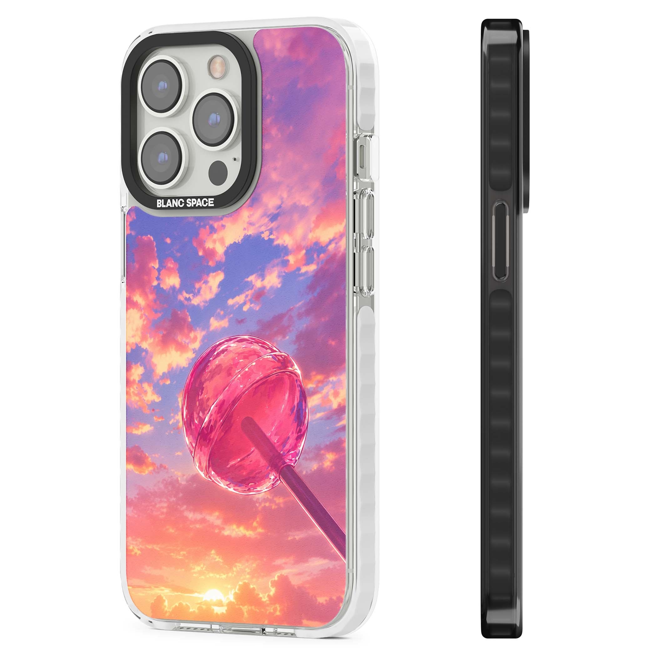 Sugar Sunset candy aesthetic iPhone case featuring a pink lollipop, pastel sunset sky and dreamy clouds | Impact Magsafe case for iPhone 13 Pro, iPhone 14 Pro, iPhone 15 Pro