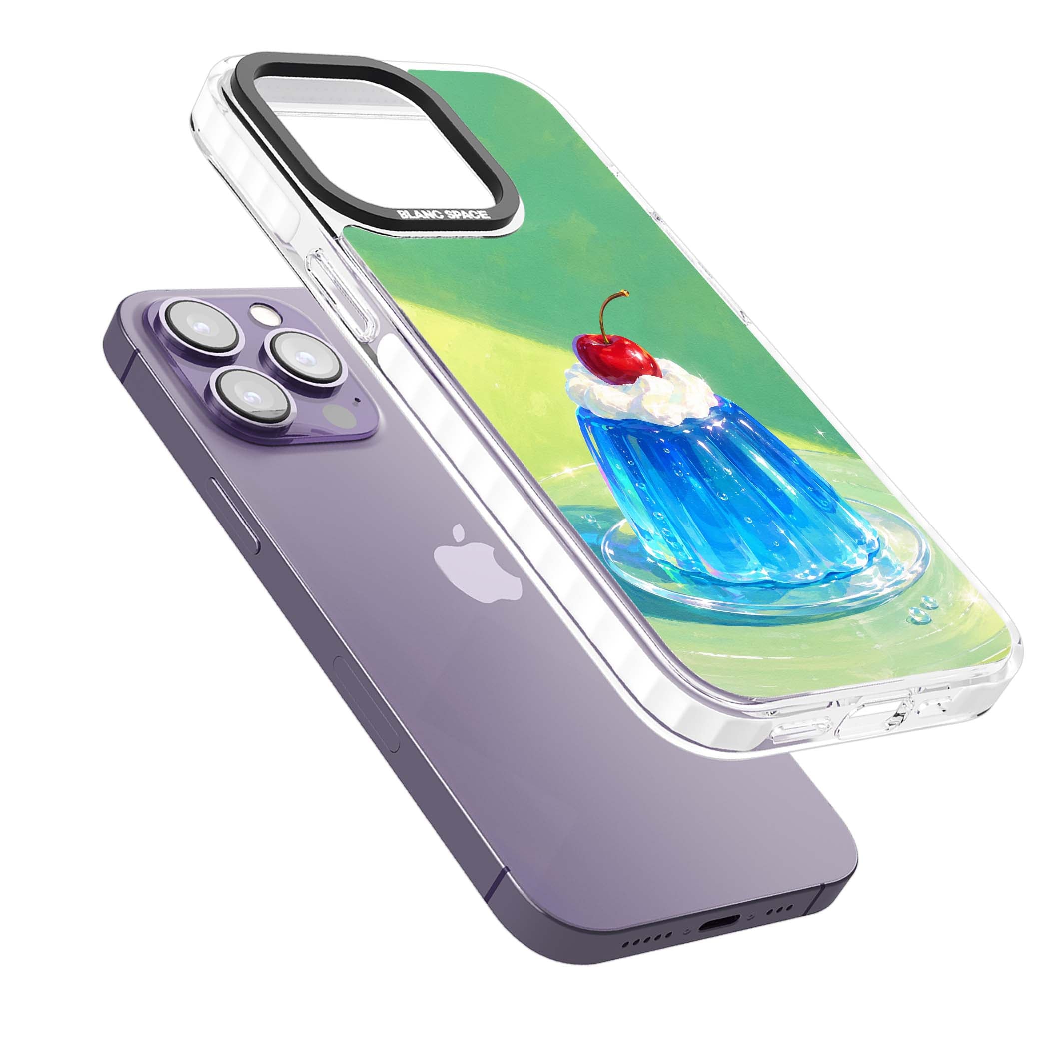 Cherry Jelly kawaii dessert iPhone case featuring blue jelly pudding, whipped cream and a red cherry | Impact Magsafe case for iPhone 13 Pro, iPhone 14 Pro, iPhone 15 Pro