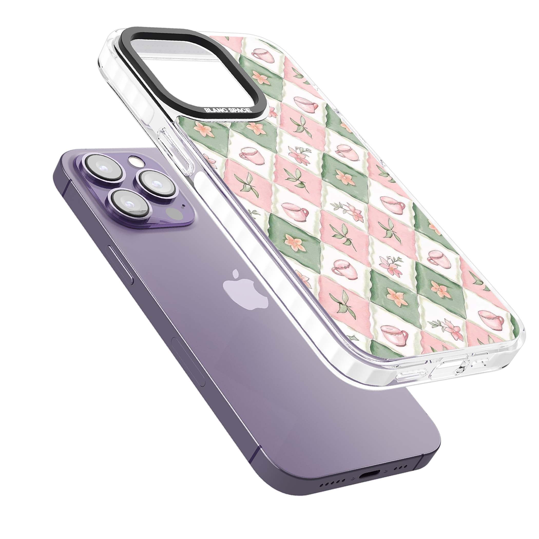 Garden Tea Party coquette iPhone case with pink and green checkered pattern, watercolour teacups and wildflowers | Impact Magsafe case for iPhone 13 Pro, iPhone 14 Pro, iPhone 15 Pro