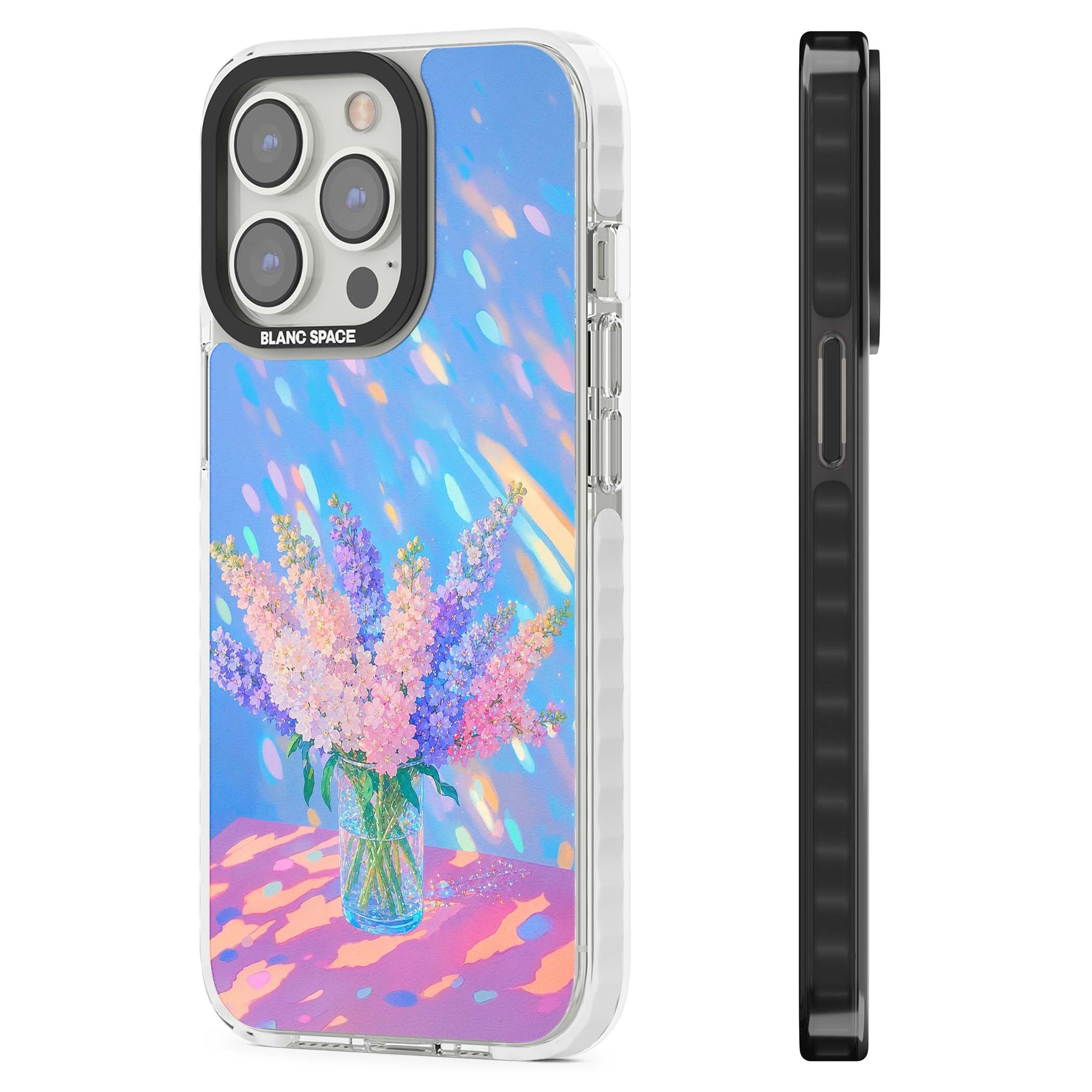 Bubblegum Flowers floral iPhone case featuring pastel lilac and pink bouquet in a glass vase with iridescent light | Impact Magsafe case for iPhone 13 Pro, iPhone 14 Pro, iPhone 15 Pro