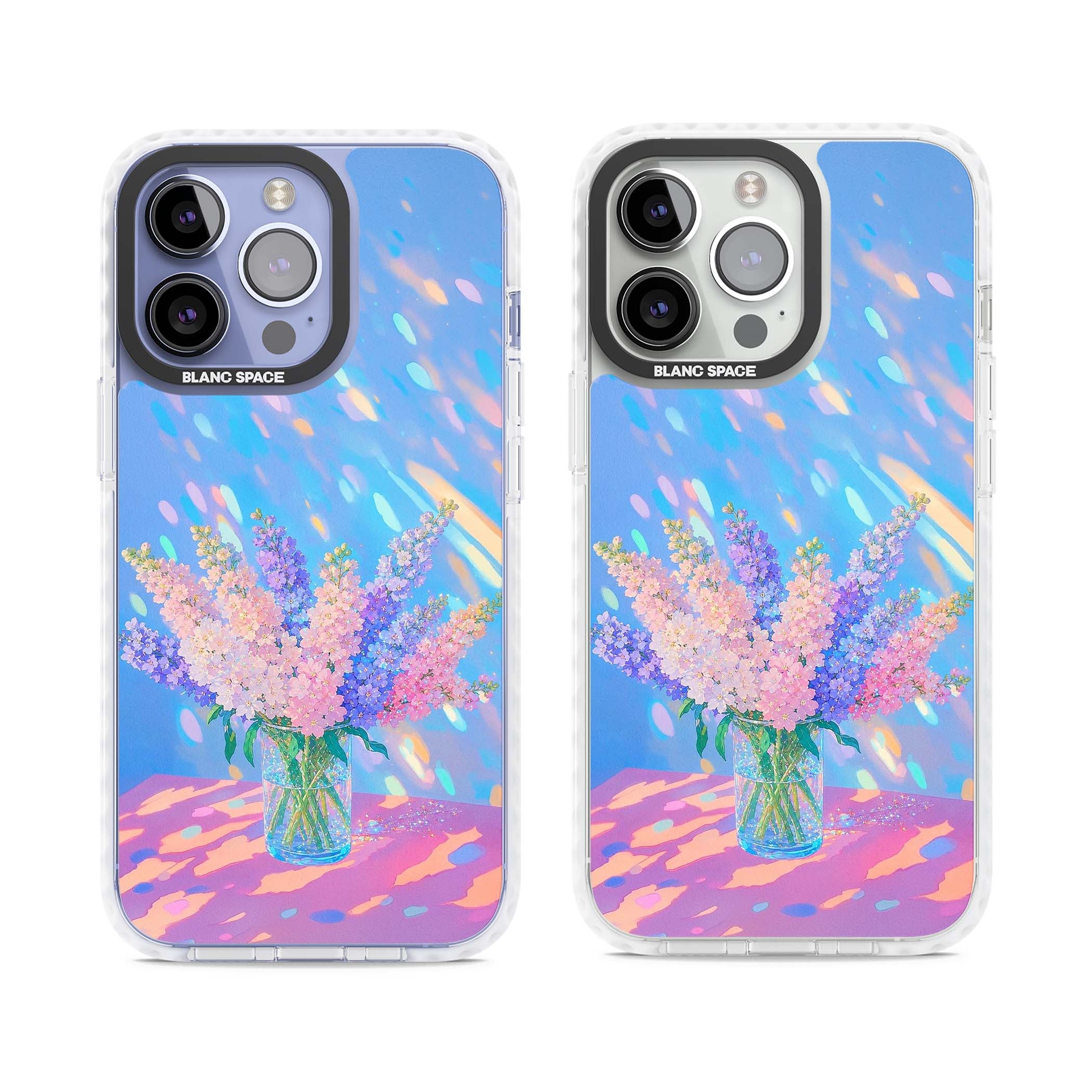 Bubblegum Flowers floral iPhone case featuring pastel lilac and pink bouquet in a glass vase with iridescent light | Impact Magsafe case for iPhone 13 Pro, iPhone 14 Pro, iPhone 15 Pro