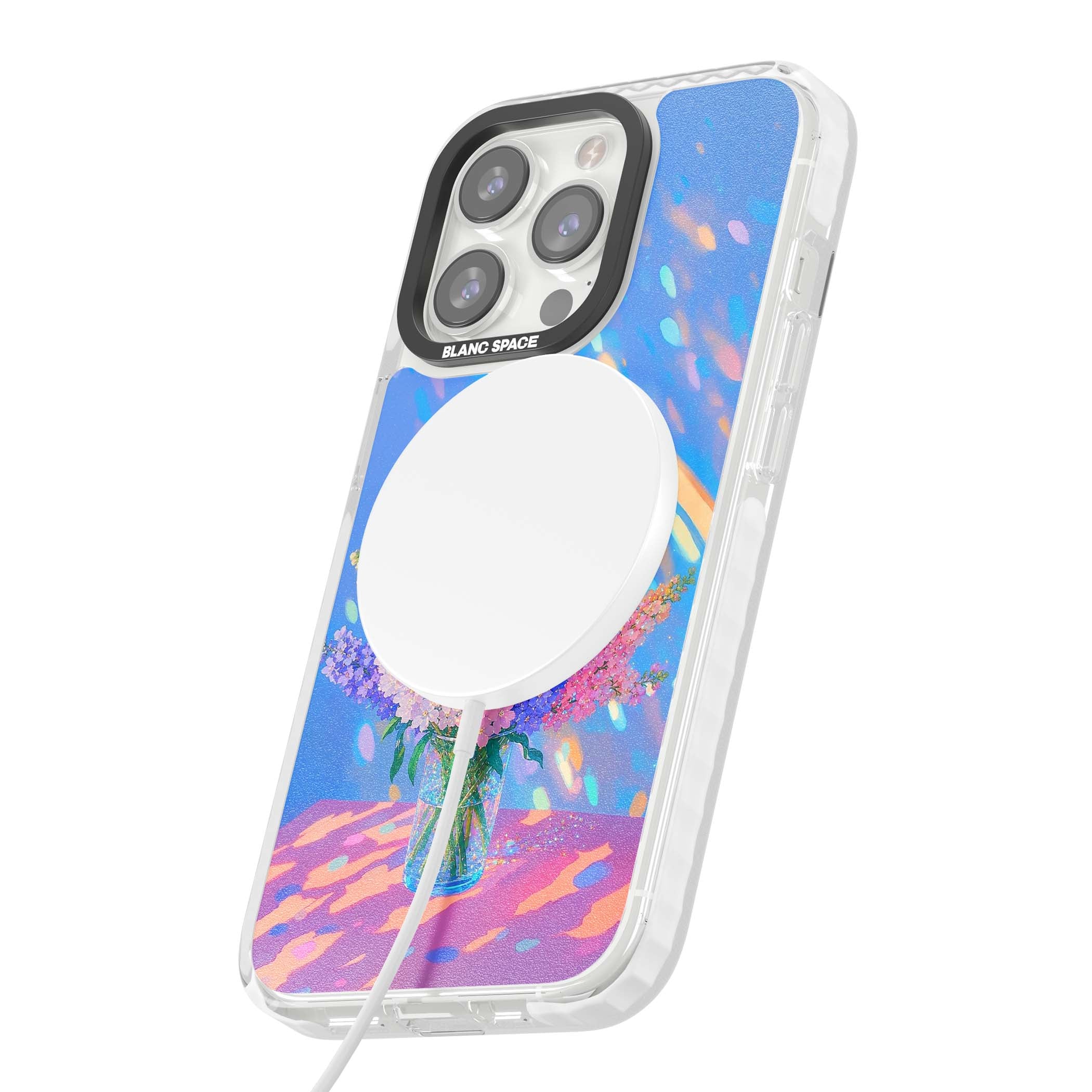 Bubblegum Flowers floral iPhone case featuring pastel lilac and pink bouquet in a glass vase with iridescent light | Impact Magsafe case for iPhone 13 Pro, iPhone 14 Pro, iPhone 15 Pro