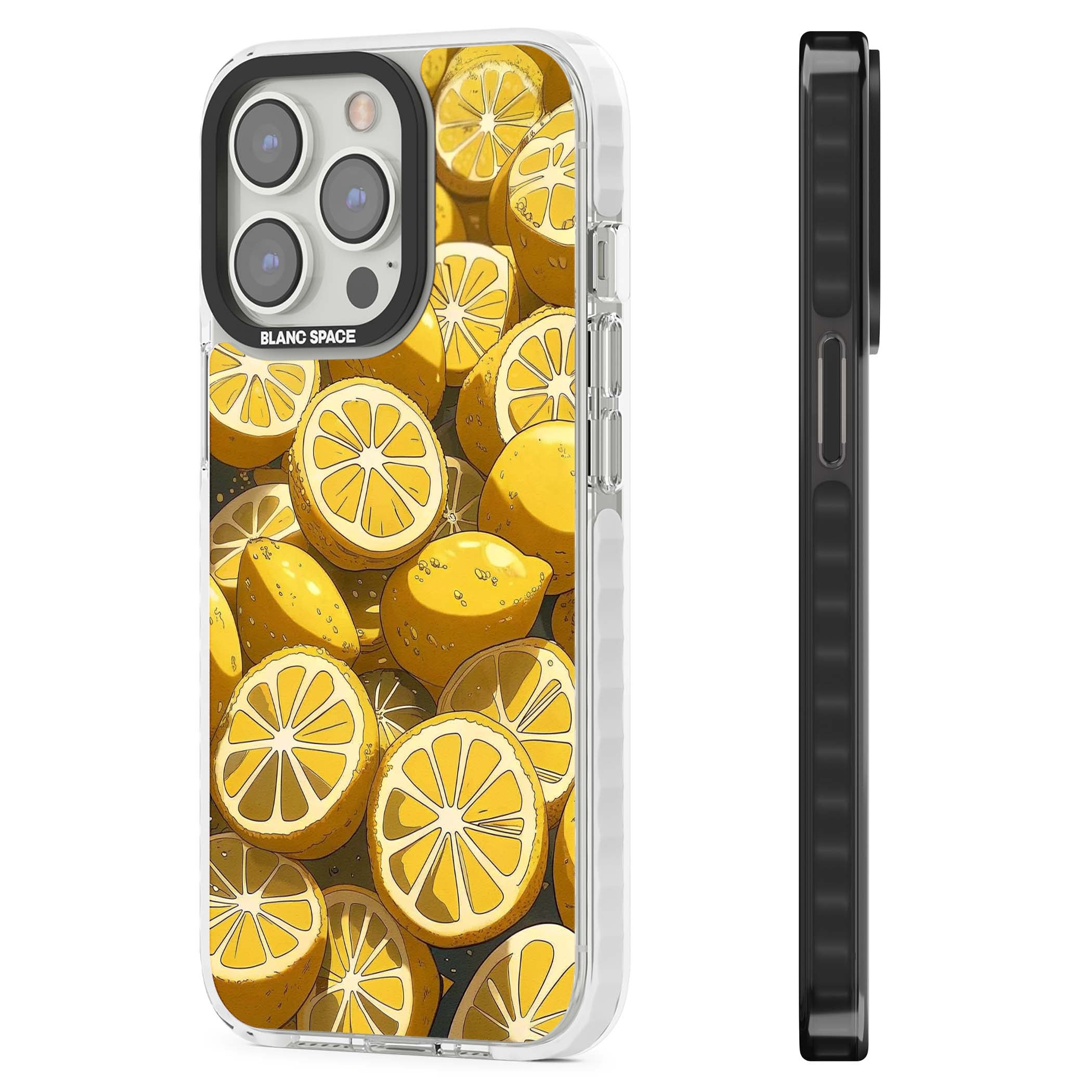 Zesty coastal iPhone case featuring illustrated Mediterranean lemons and citrus slices in golden yellow | Impact Magsafe case for iPhone 13 Pro, iPhone 14 Pro, iPhone 15 Pro