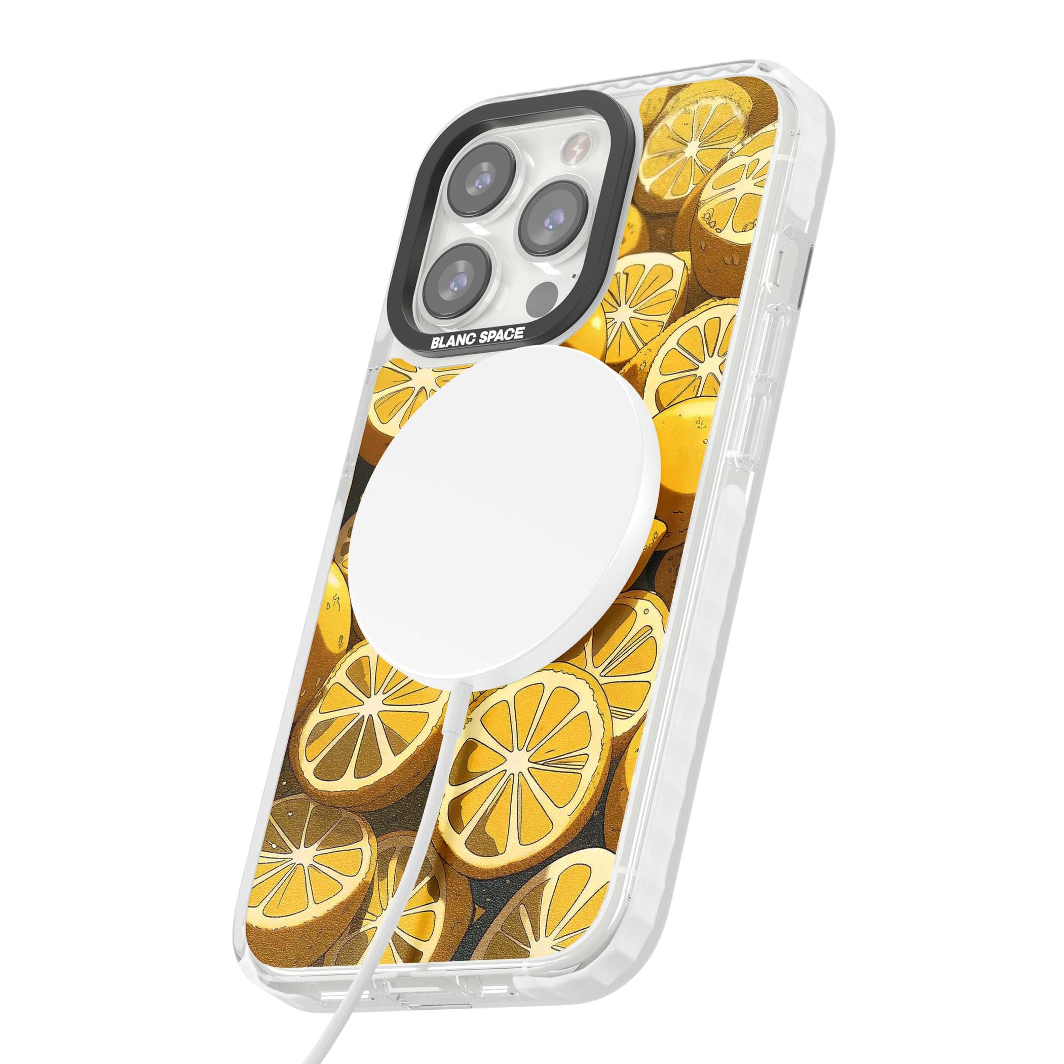 Zesty coastal iPhone case featuring illustrated Mediterranean lemons and citrus slices in golden yellow | Impact Magsafe case for iPhone 13 Pro, iPhone 14 Pro, iPhone 15 Pro
