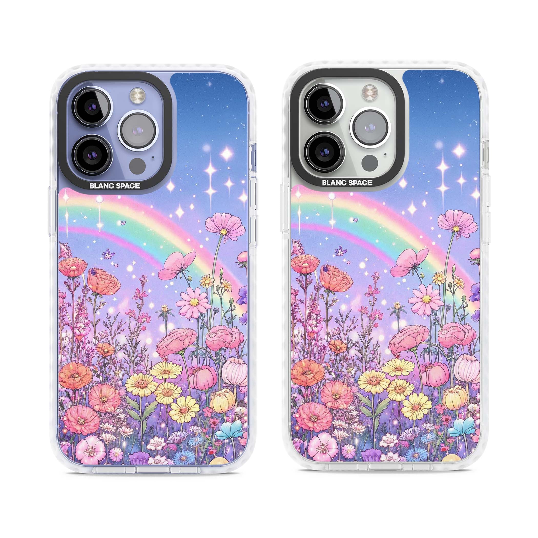 Magical Meadow fairycore iPhone case featuring a pastel rainbow, sparkling stars and a wildflower meadow | Clear Impact case for iPhone 13 Pro, iPhone 14 Pro, iPhone 15 Pro