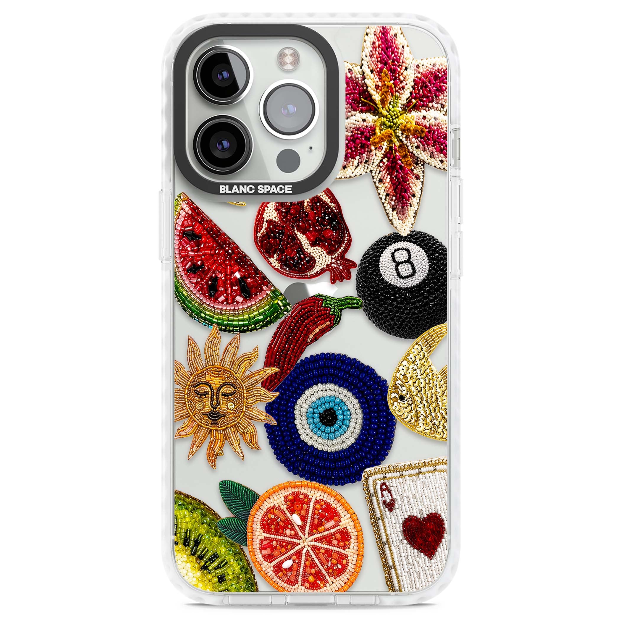 Beaded Charms embroidery iPhone case featuring beaded evil eye, fruit patches and a golden sun motif | Clear Impact case for iPhone 13 Pro, iPhone 14 Pro, iPhone 15 Pro
