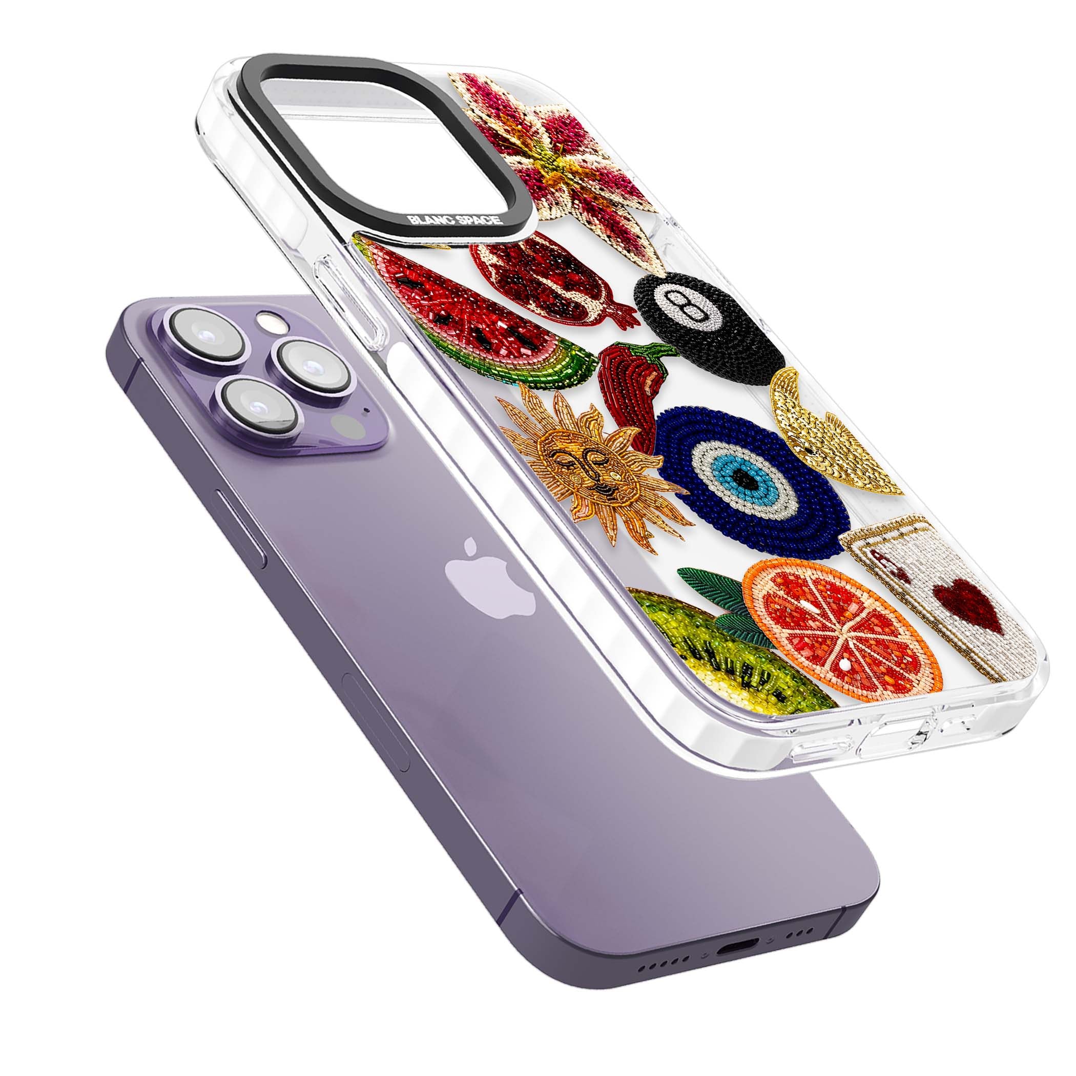 Beaded Charms embroidery iPhone case featuring beaded evil eye, fruit patches and a golden sun motif | Clear Impact case for iPhone 13 Pro, iPhone 14 Pro, iPhone 15 Pro