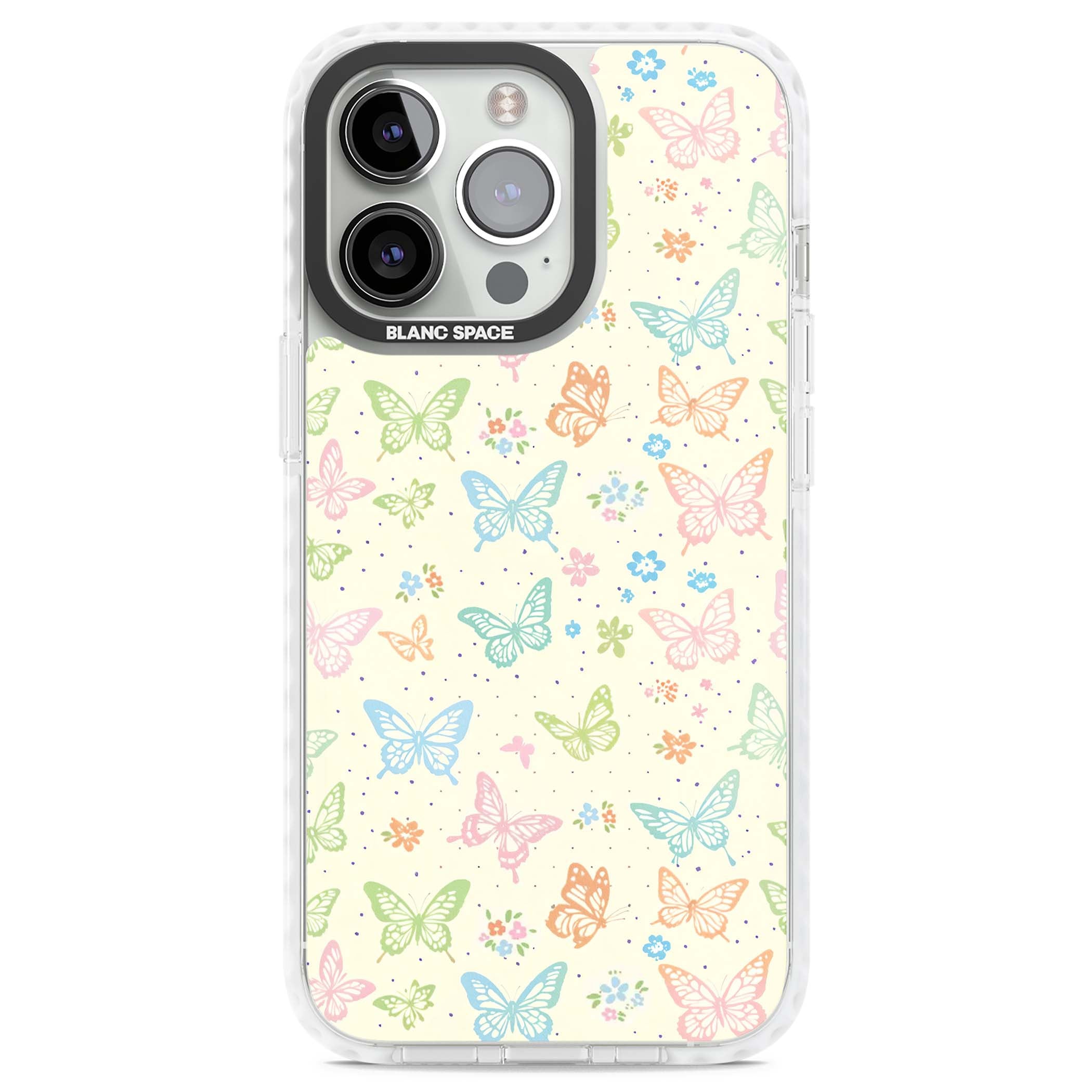 Sugar Wings cottagecore iPhone case featuring rainbow pastel butterflies, tiny wildflowers, and a cream background | Clear Impact case for iPhone 13 Pro, iPhone 14 Pro, iPhone 15 Pro