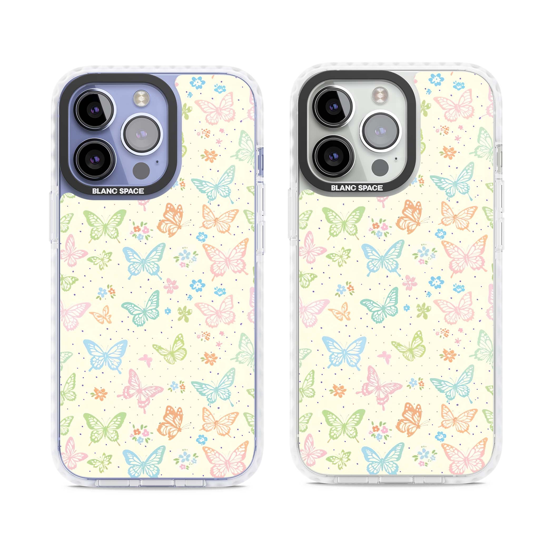 Sugar Wings cottagecore iPhone case featuring rainbow pastel butterflies, tiny wildflowers, and a cream background | Clear Impact case for iPhone 13 Pro, iPhone 14 Pro, iPhone 15 Pro