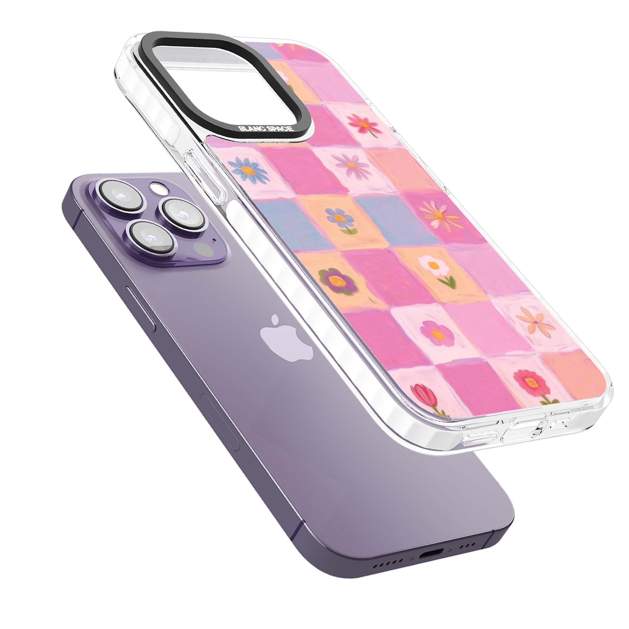 Pastel Flower Patchwork cottagecore iPhone case featuring painted pink and lilac squares with daisies and wildflowers | Clear Impact case for iPhone 13 Pro, iPhone 14 Pro, iPhone 15 Pro
