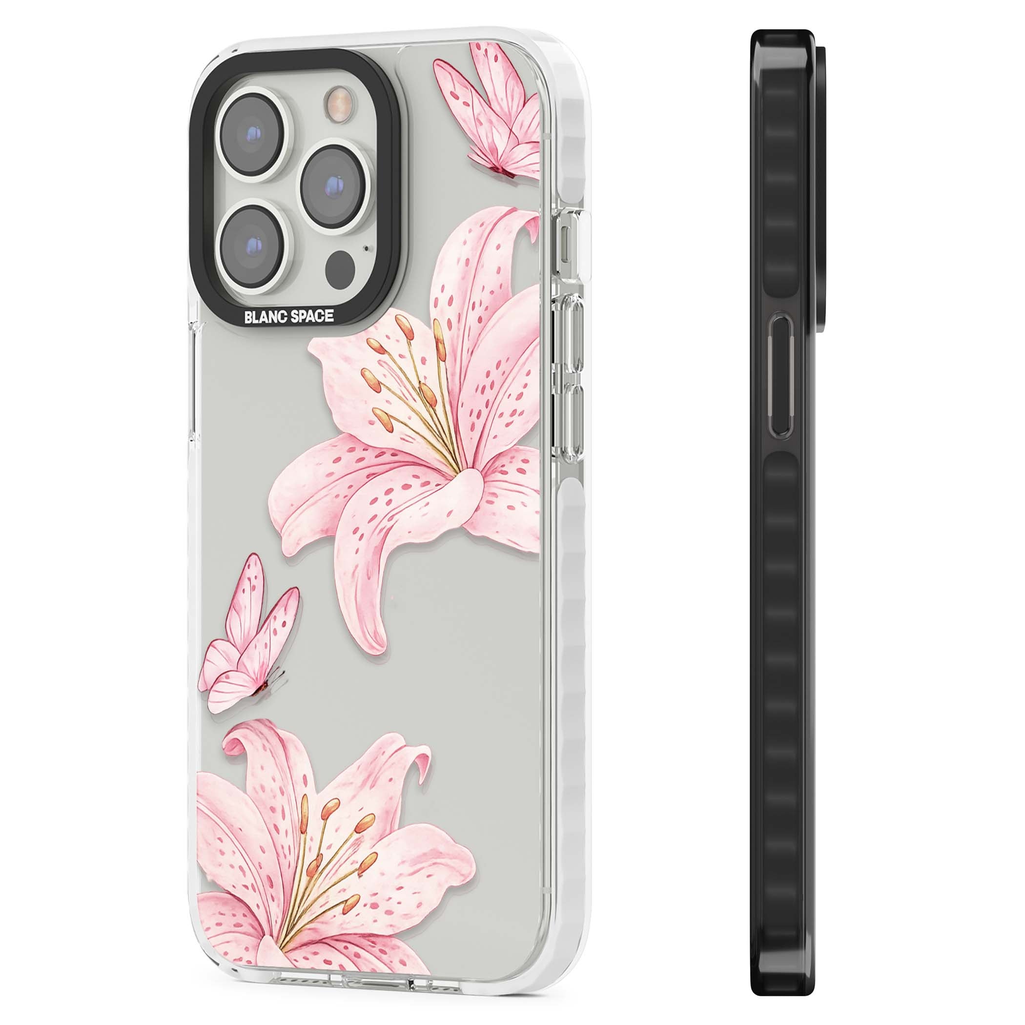 Lily Whisper floral iPhone case featuring pink watercolour lilies and delicate butterflies on a clear background | Clear Impact case for iPhone 13 Pro, iPhone 14 Pro, iPhone 15 Pro