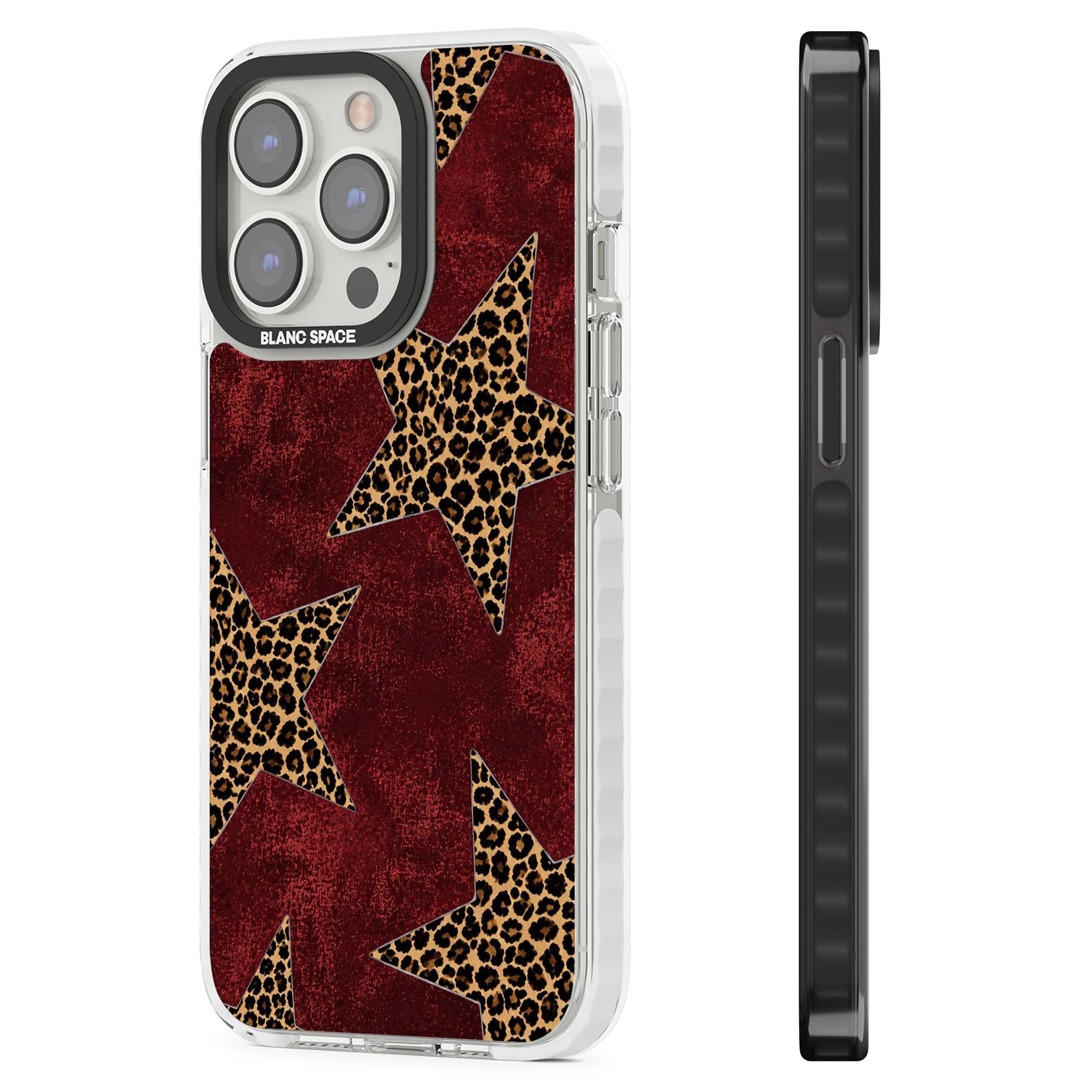 Showgirl leopard print iPhone case featuring cheetah print stars on distressed red grunge background | Clear Impact case for iPhone 13 Pro, iPhone 14 Pro, iPhone 15 Pro