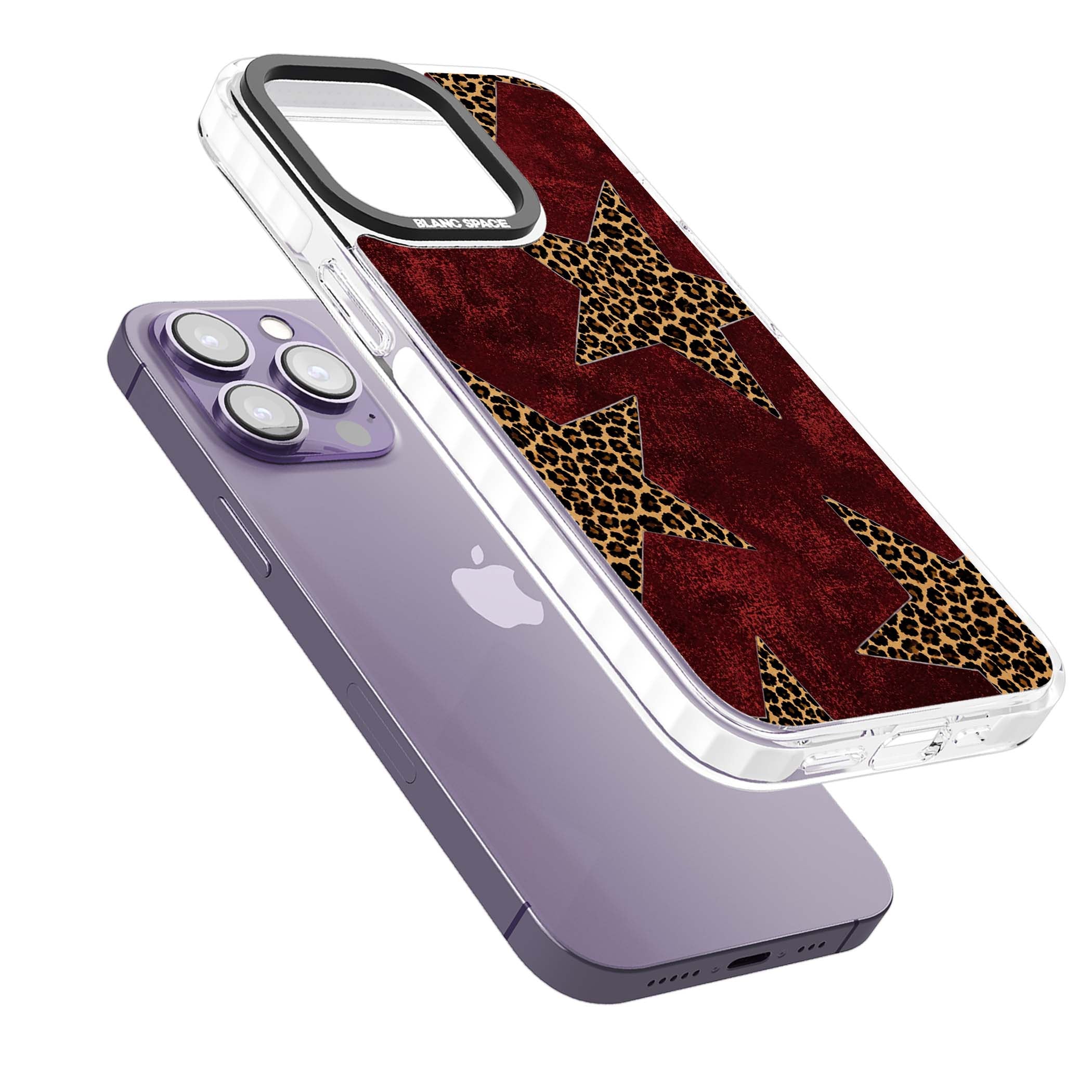 Showgirl leopard print iPhone case featuring cheetah print stars on distressed red grunge background | Clear Impact case for iPhone 13 Pro, iPhone 14 Pro, iPhone 15 Pro