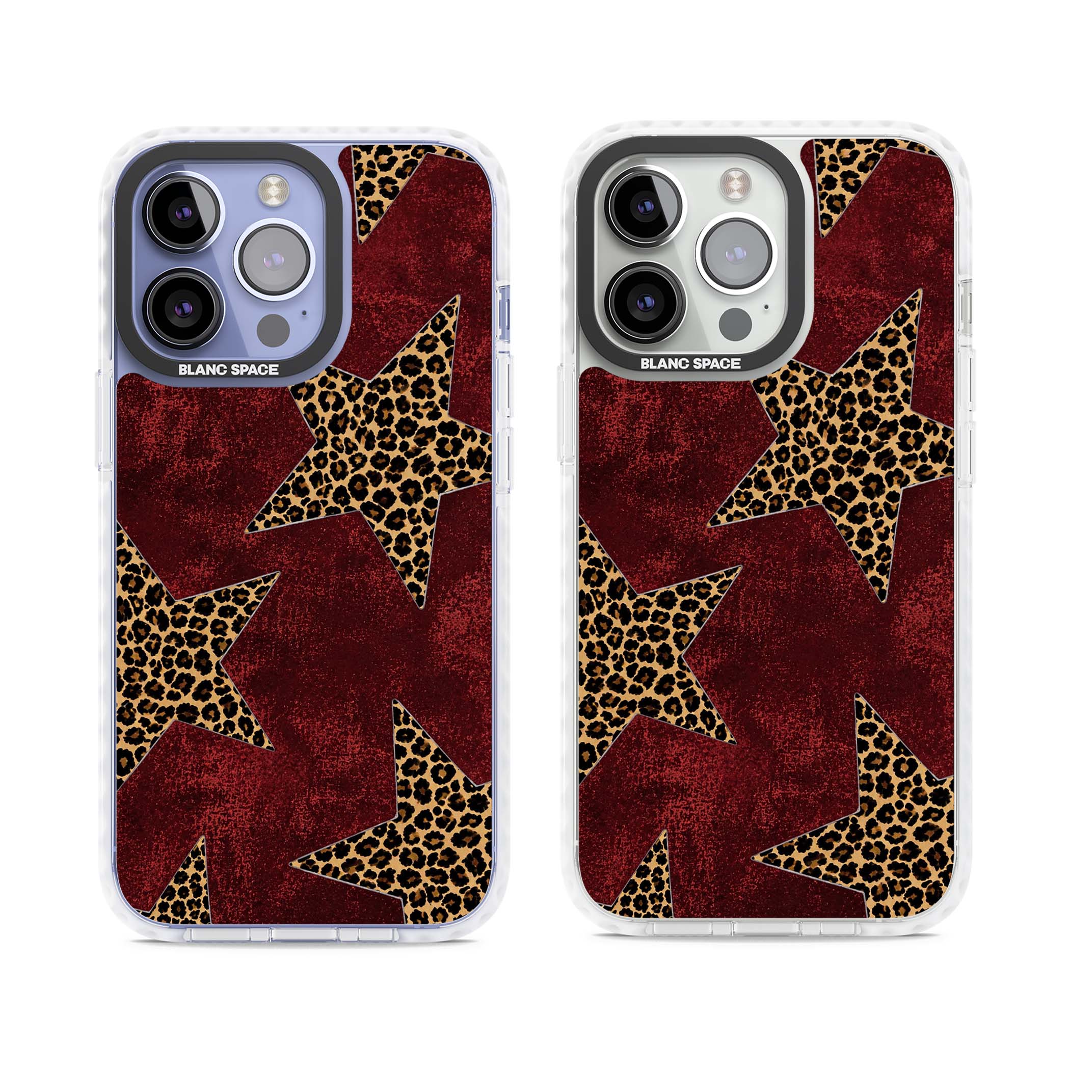 Showgirl leopard print iPhone case featuring cheetah print stars on distressed red grunge background | Clear Impact case for iPhone 13 Pro, iPhone 14 Pro, iPhone 15 Pro