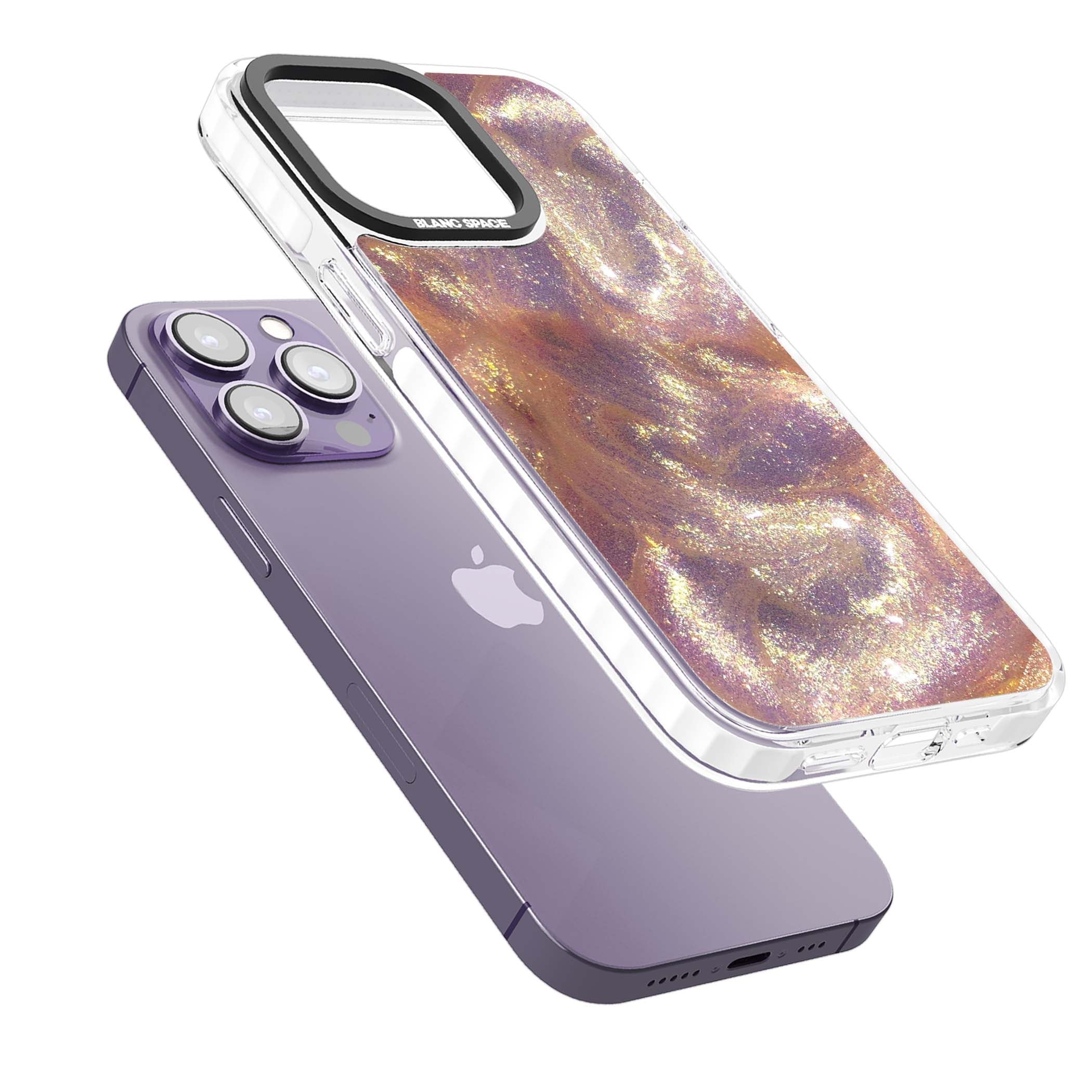 Shimmer marble iPhone case featuring rose gold glitter swirls, lilac shimmer and iridescent pearl finish | Clear Impact case for iPhone 13 Pro, iPhone 14 Pro, iPhone 15 Pro