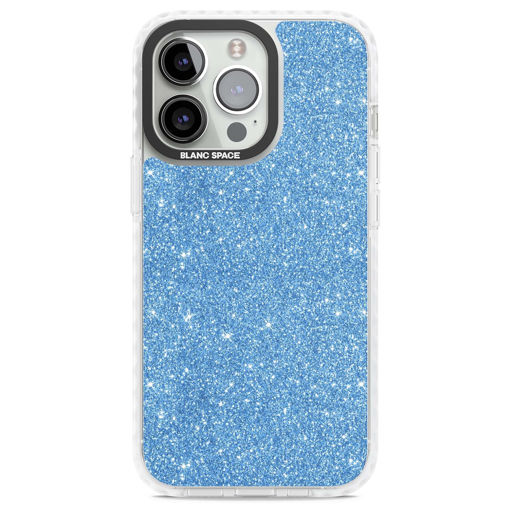 Blue Glitter blue glitter iPhone case featuring dense sparkling cerulean glitter with a glamorous shimmering finish | Clear Impact case for iPhone 13 Pro, iPhone 14 Pro, iPhone 15 Pro
