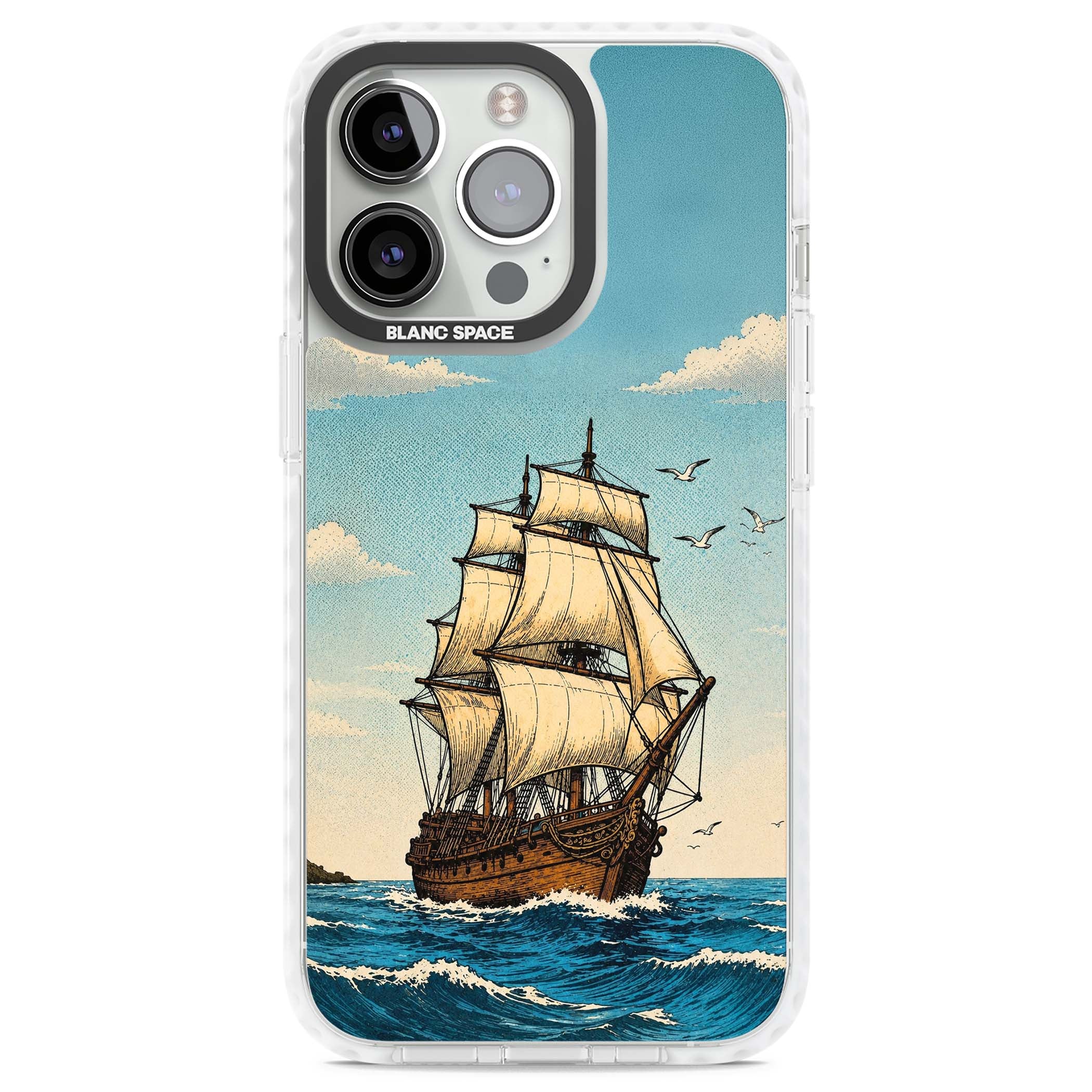 Ship at Sea nautical iPhone case featuring a vintage tall ship, ocean waves and seagulls | Clear Impact case for iPhone 13 Pro, iPhone 14 Pro, iPhone 15 Pro