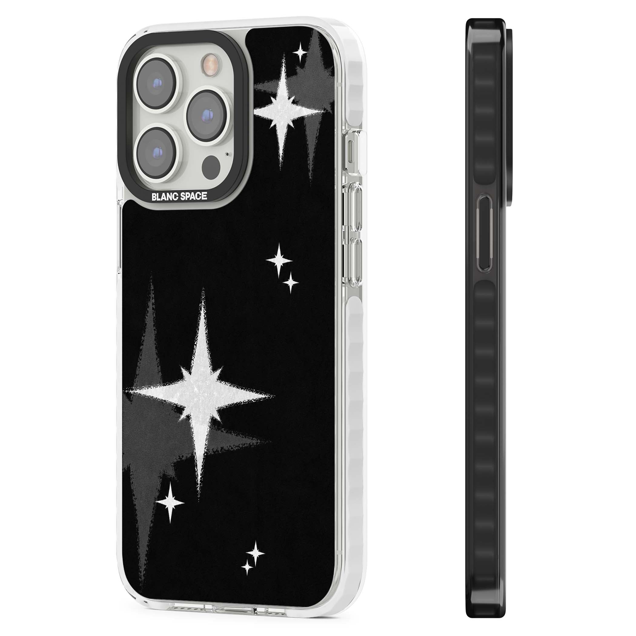Black Sparkle celestial iPhone case featuring white sparkle stars on a black night sky background | Clear Impact case for iPhone 13 Pro, iPhone 14 Pro, iPhone 15 Pro