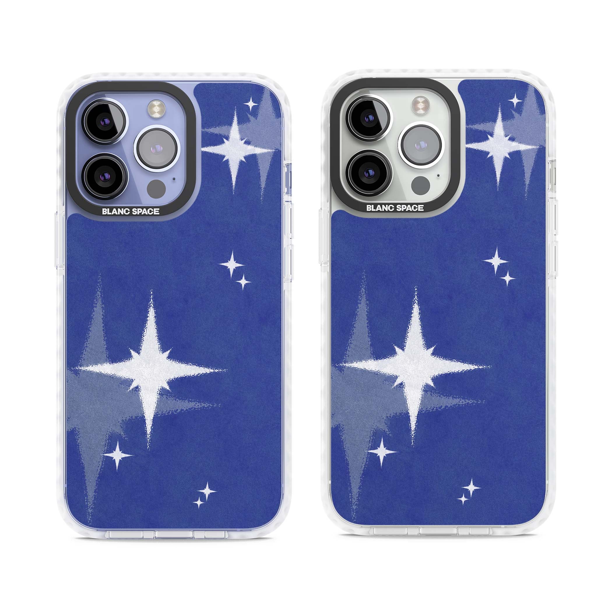 Blue Sparkle celestial iPhone case featuring sparkling silver stars on a deep blue painterly night sky | Clear Impact case for iPhone 13 Pro, iPhone 14 Pro, iPhone 15 Pro