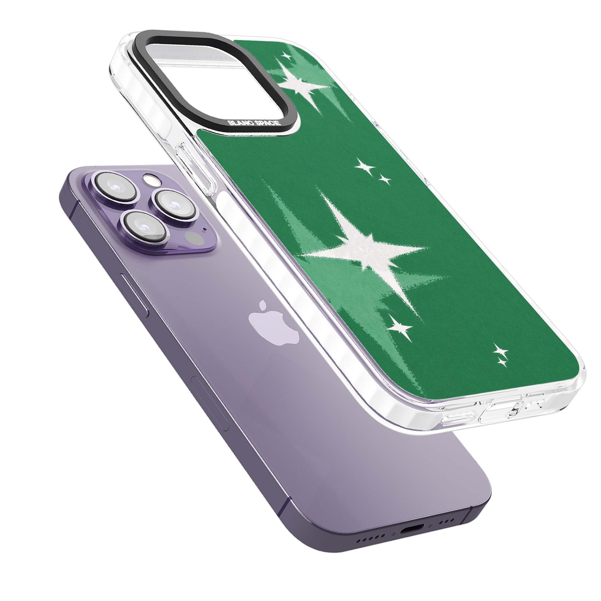 Green Sparkle celestial iPhone case featuring sparkling white four-point stars on a deep green background | Clear Impact case for iPhone 13 Pro, iPhone 14 Pro, iPhone 15 Pro
