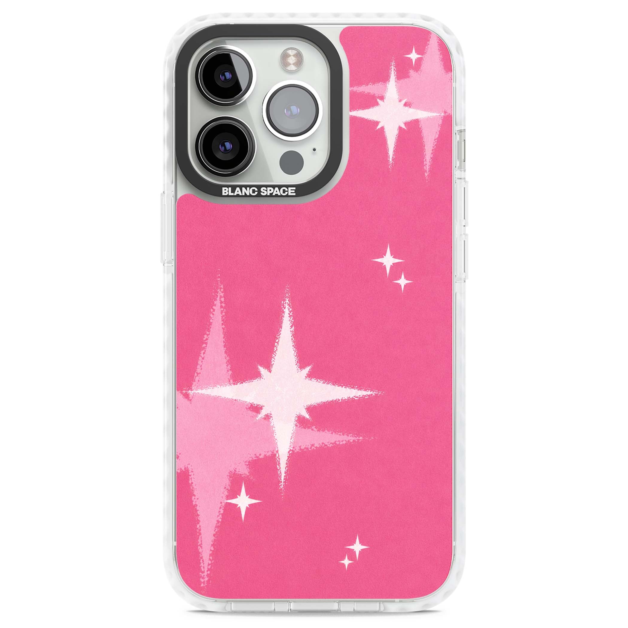 Pink Sparkle Y2K iPhone case featuring hot pink background with shimmering white starburst pattern | Clear Impact case for iPhone 13 Pro, iPhone 14 Pro, iPhone 15 Pro