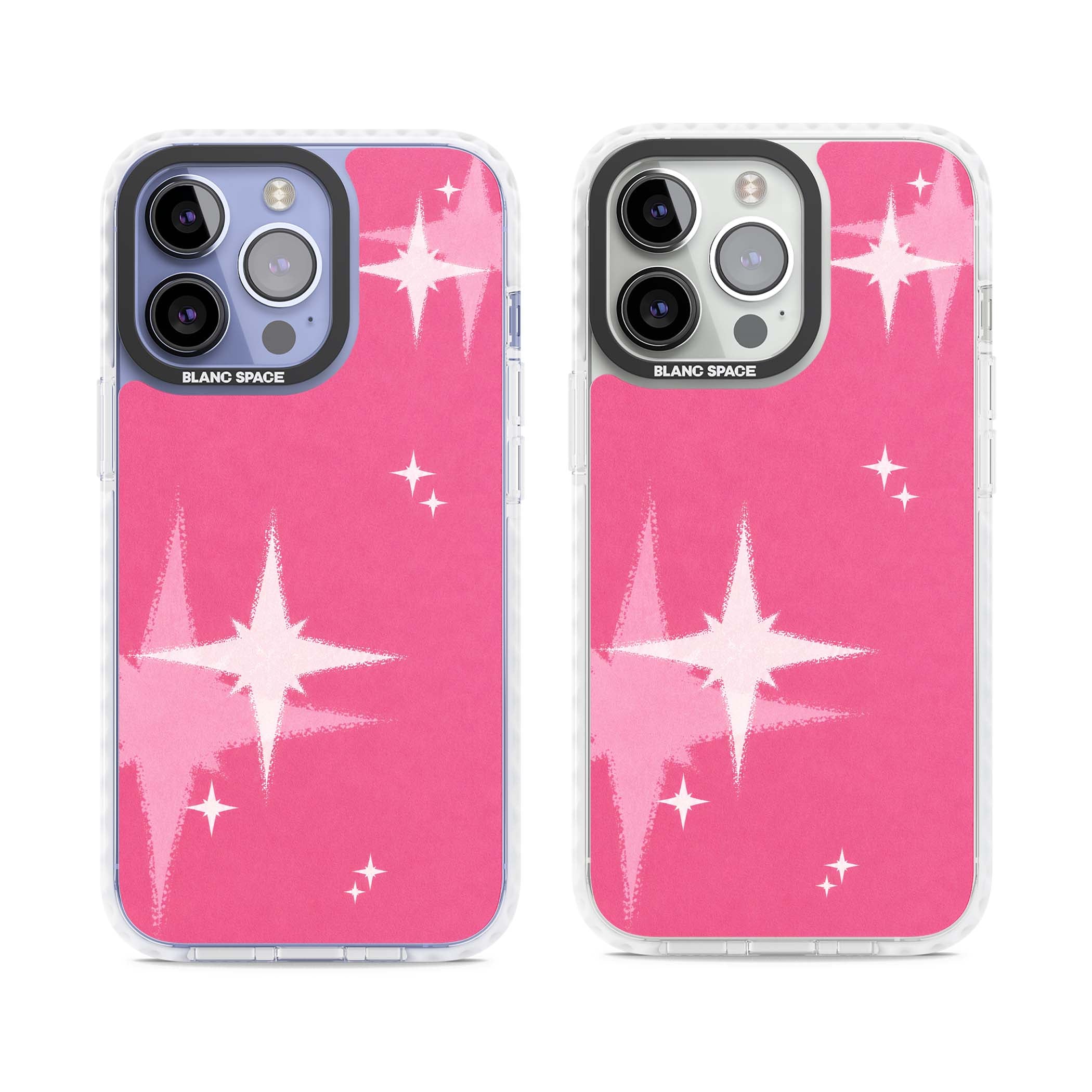 Pink Sparkle Y2K iPhone case featuring hot pink background with shimmering white starburst pattern | Clear Impact case for iPhone 13 Pro, iPhone 14 Pro, iPhone 15 Pro