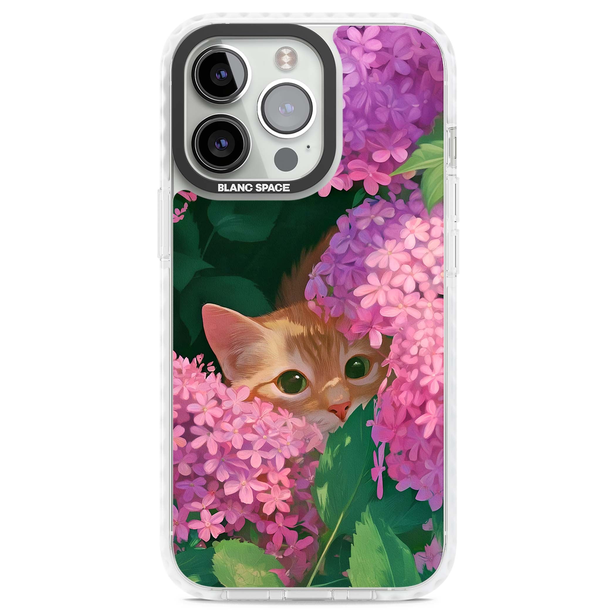 Cat In Pink Flowers cottagecore iPhone case featuring a ginger kitten peeking through lilac and pink hydrangea flo | Clear Impact case for iPhone 13 Pro, iPhone 14 Pro, iPhone 15 Pro
