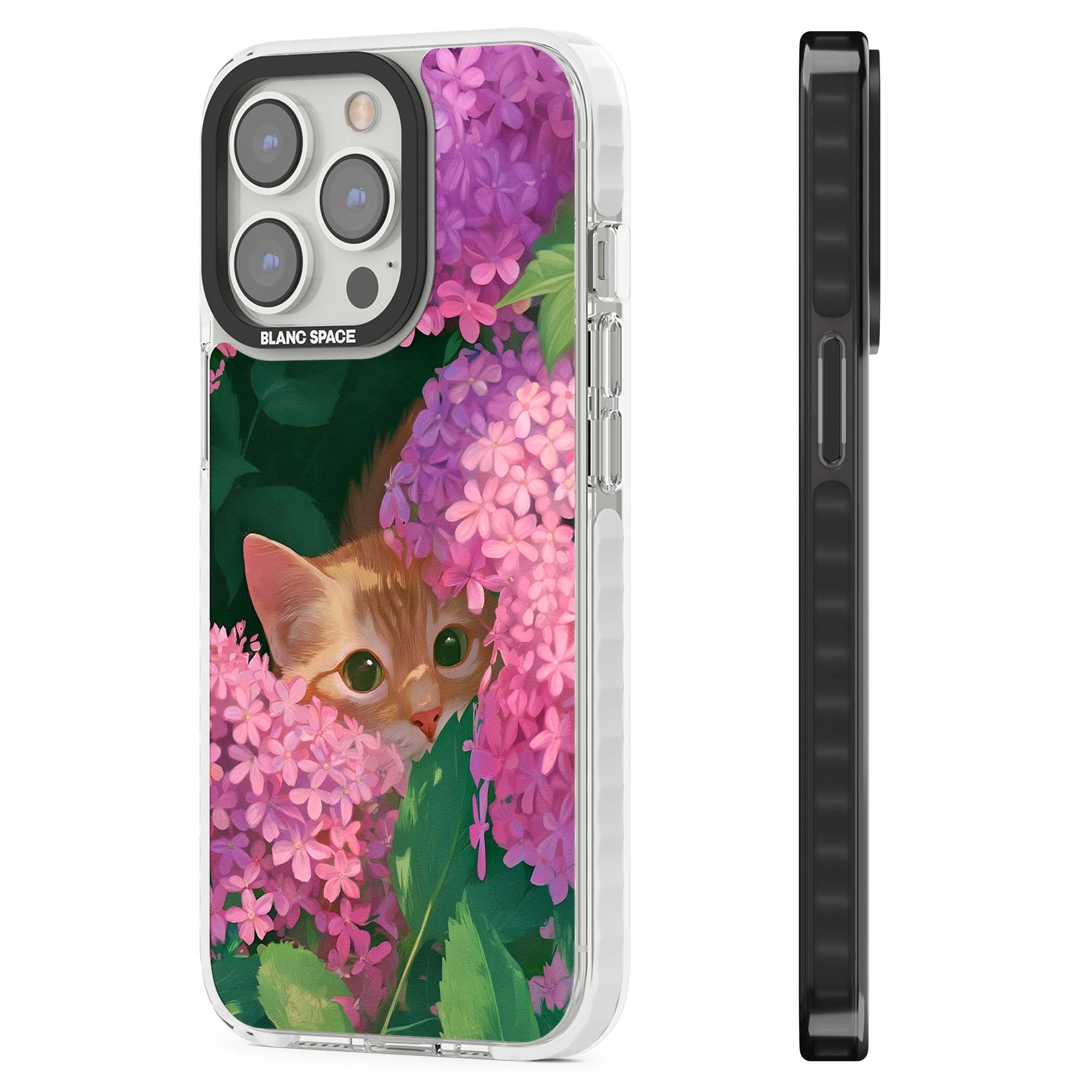 Cat In Pink Flowers cottagecore iPhone case featuring a ginger kitten peeking through lilac and pink hydrangea flo | Clear Impact case for iPhone 13 Pro, iPhone 14 Pro, iPhone 15 Pro