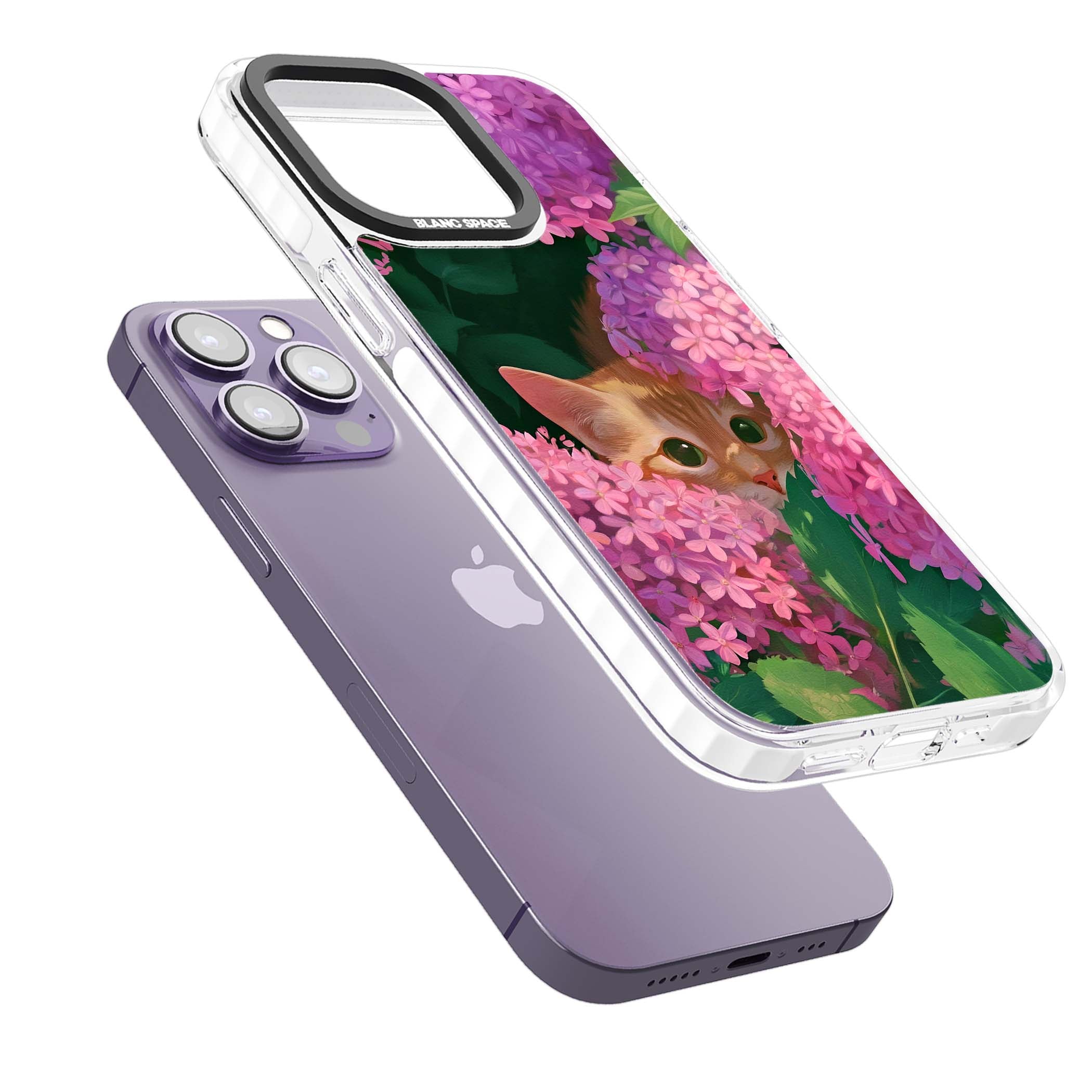 Cat In Pink Flowers cottagecore iPhone case featuring a ginger kitten peeking through lilac and pink hydrangea flo | Clear Impact case for iPhone 13 Pro, iPhone 14 Pro, iPhone 15 Pro