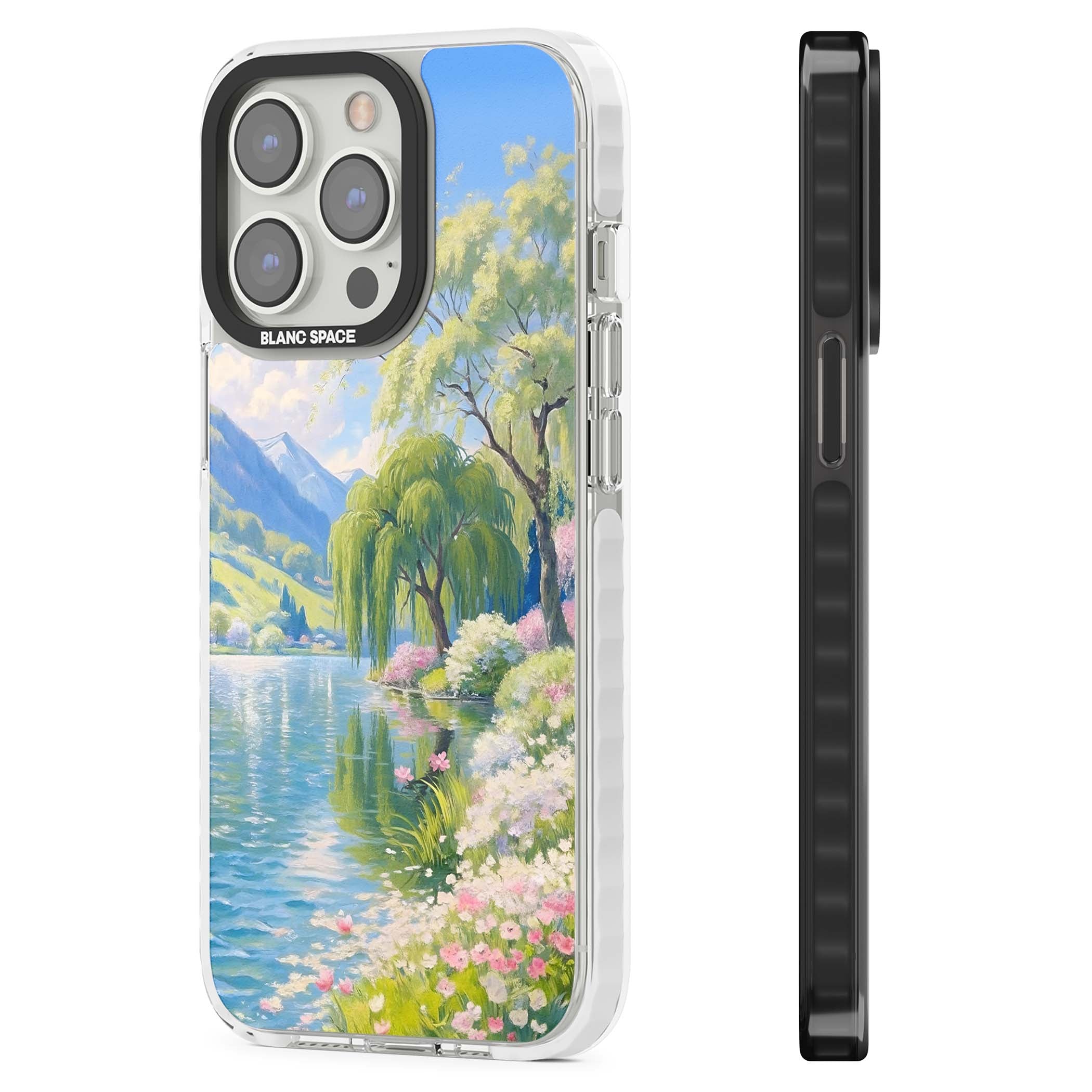 Willow Lake cottagecore iPhone case featuring a painted lakeside with weeping willow, blossoms and distant mountains | Clear Impact case for iPhone 13 Pro, iPhone 14 Pro, iPhone 15 Pro