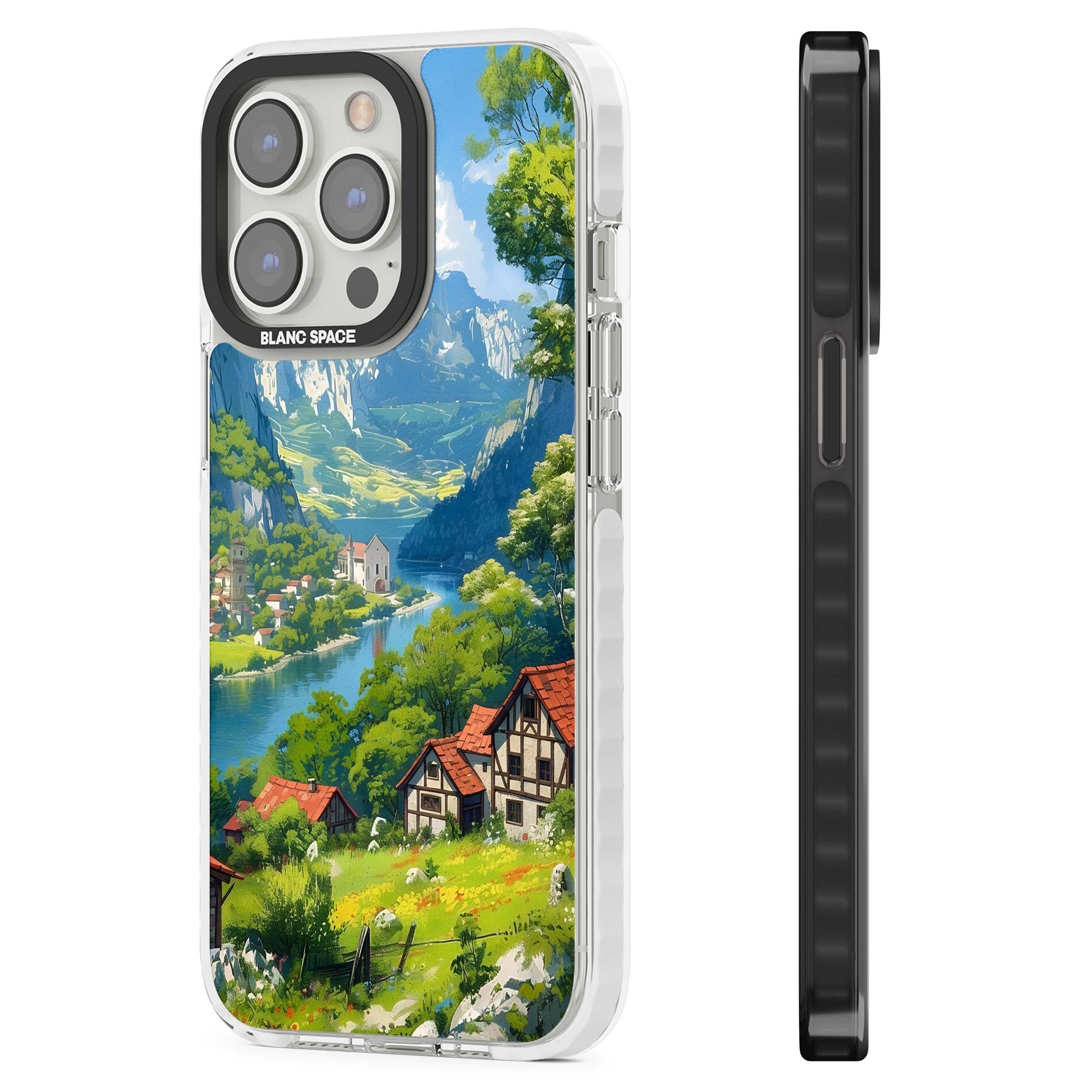 Village In The Valley anime iPhone case featuring a painted mountain village, river valley and half-timbered cottages. | Clear Impact case for iPhone 13 Pro, iPhone 14 Pro, iPhone 15 Pro