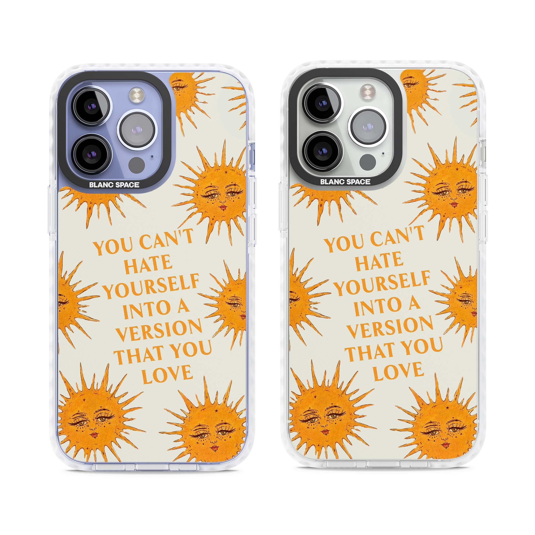 Don't Hate Yourself celestial iPhone case featuring vintage sun faces, ochre rays and a self-love quote | Clear Impact case for iPhone 13 Pro, iPhone 14 Pro, iPhone 15 Pro