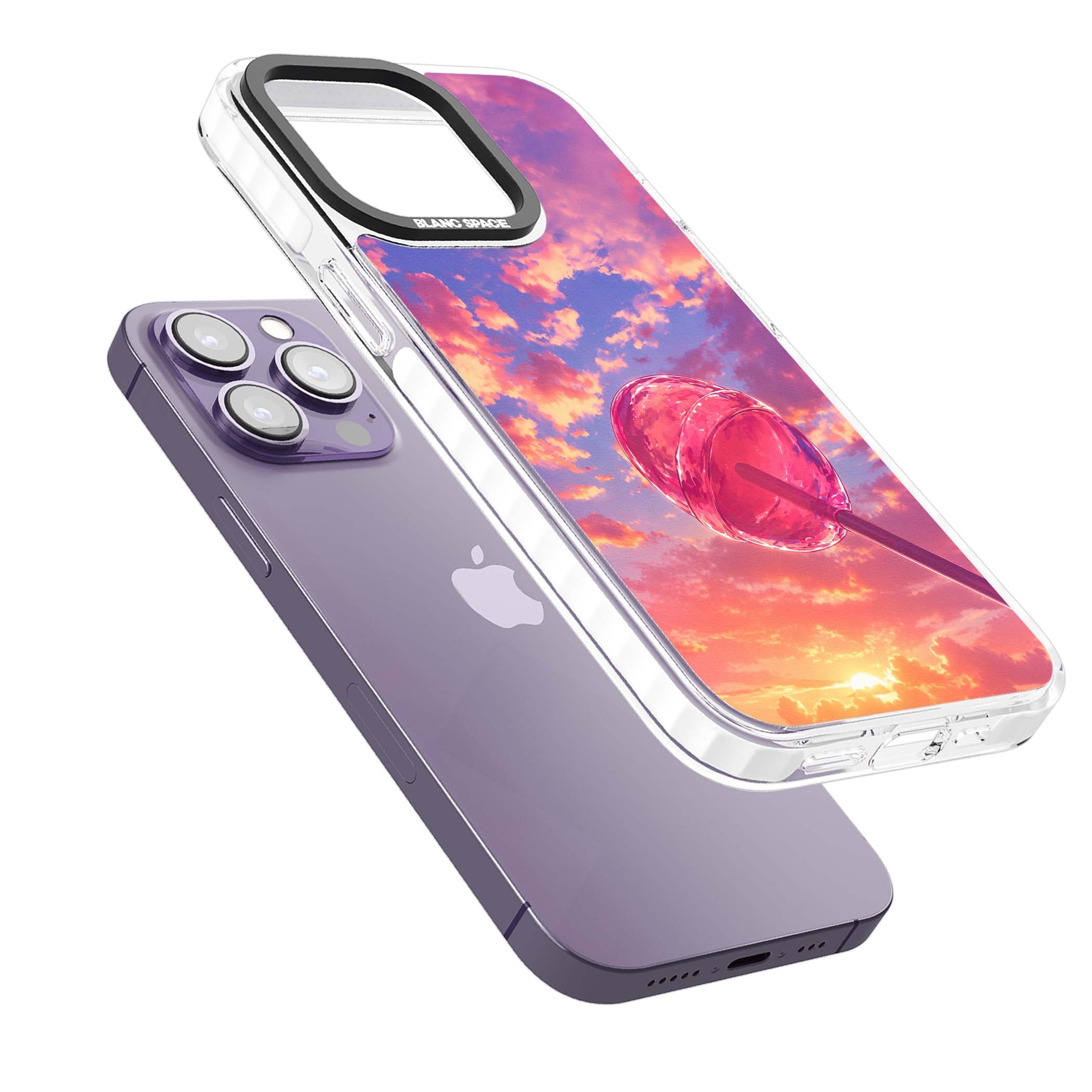 Sugar Sunset candy aesthetic iPhone case featuring a pink lollipop, pastel sunset sky and dreamy clouds | Clear Impact case for iPhone 13 Pro, iPhone 14 Pro, iPhone 15 Pro