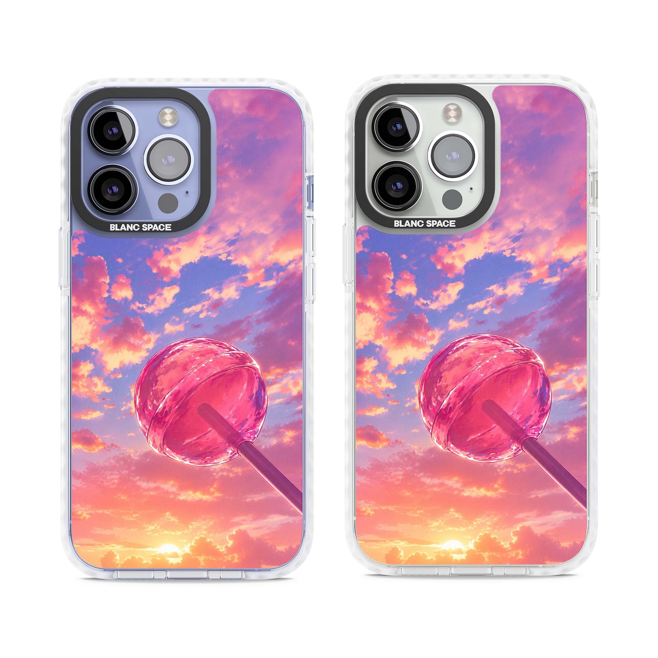 Sugar Sunset candy aesthetic iPhone case featuring a pink lollipop, pastel sunset sky and dreamy clouds | Clear Impact case for iPhone 13 Pro, iPhone 14 Pro, iPhone 15 Pro