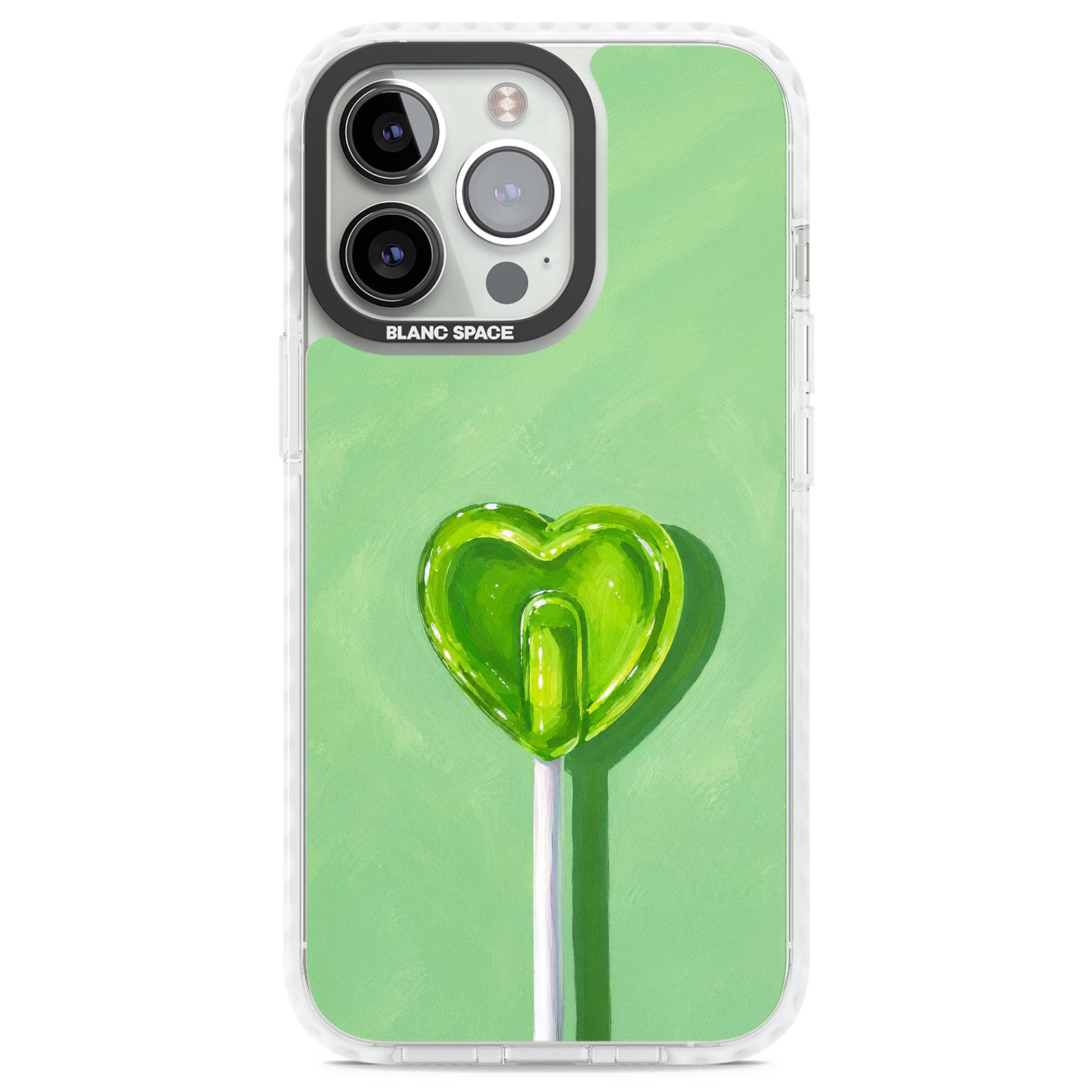 Green Lollipop candy art iPhone case featuring a glossy green heart-shaped lollipop on a painted pastel green background | Clear Impact case for iPhone 13 Pro, iPhone 14 Pro, iPhone 15 Pro