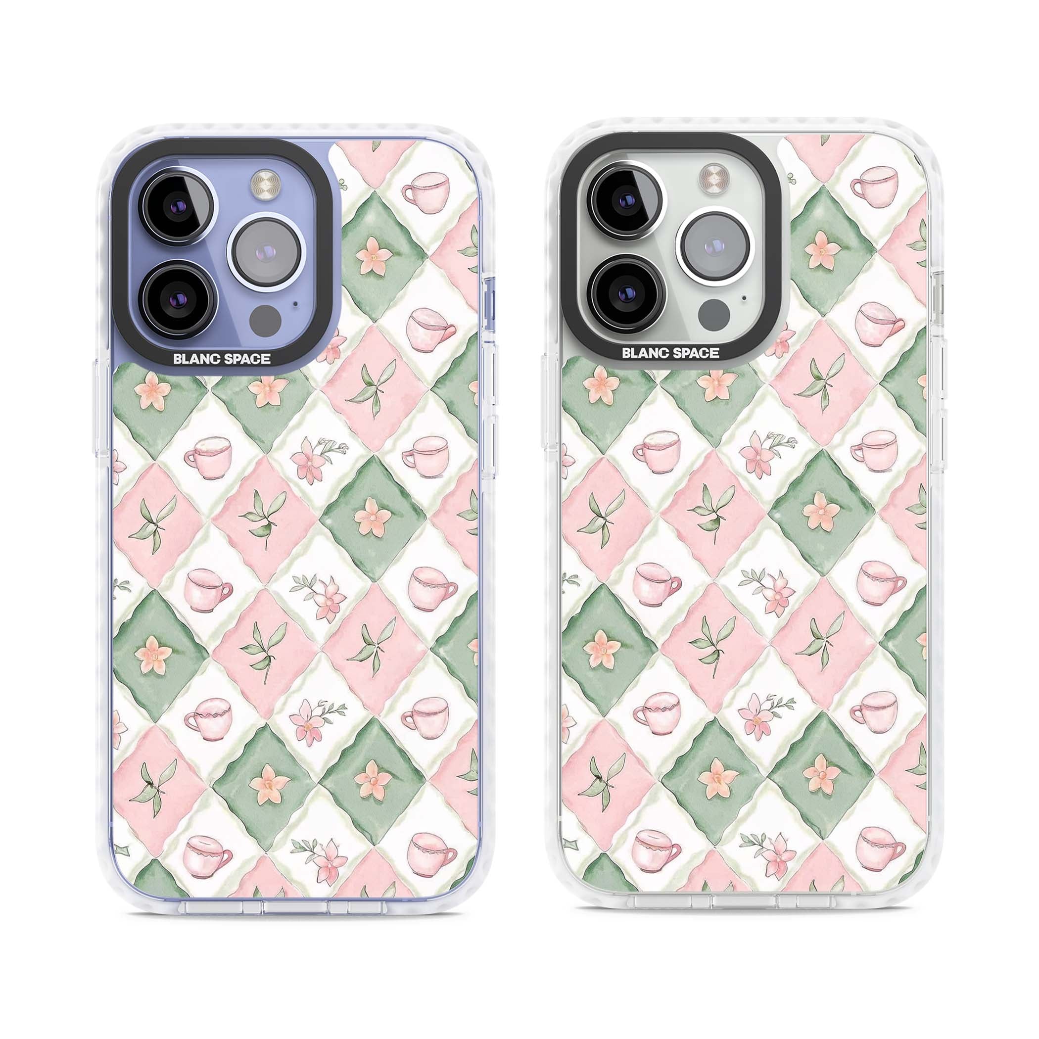 Garden Tea Party coquette iPhone case with pink and green checkered pattern, watercolour teacups and wildflowers | Clear Impact case for iPhone 13 Pro, iPhone 14 Pro, iPhone 15 Pro