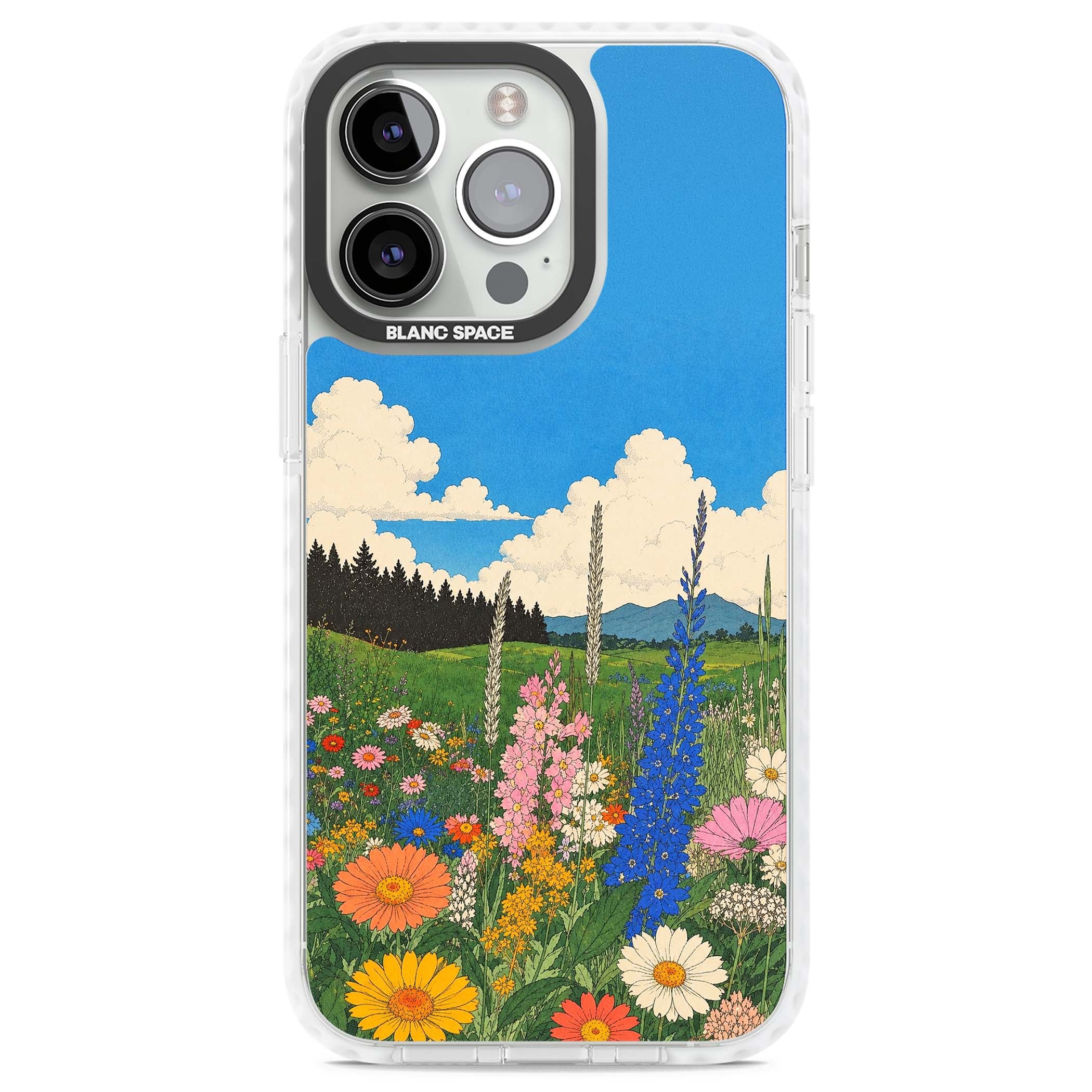 Wildbloom wildflower iPhone case featuring a vintage Japanese-style meadow landscape with daisies, delphiniums and moun | Clear Impact case for iPhone 13 Pro, iPhone 14 Pro, iPhone 15 Pro