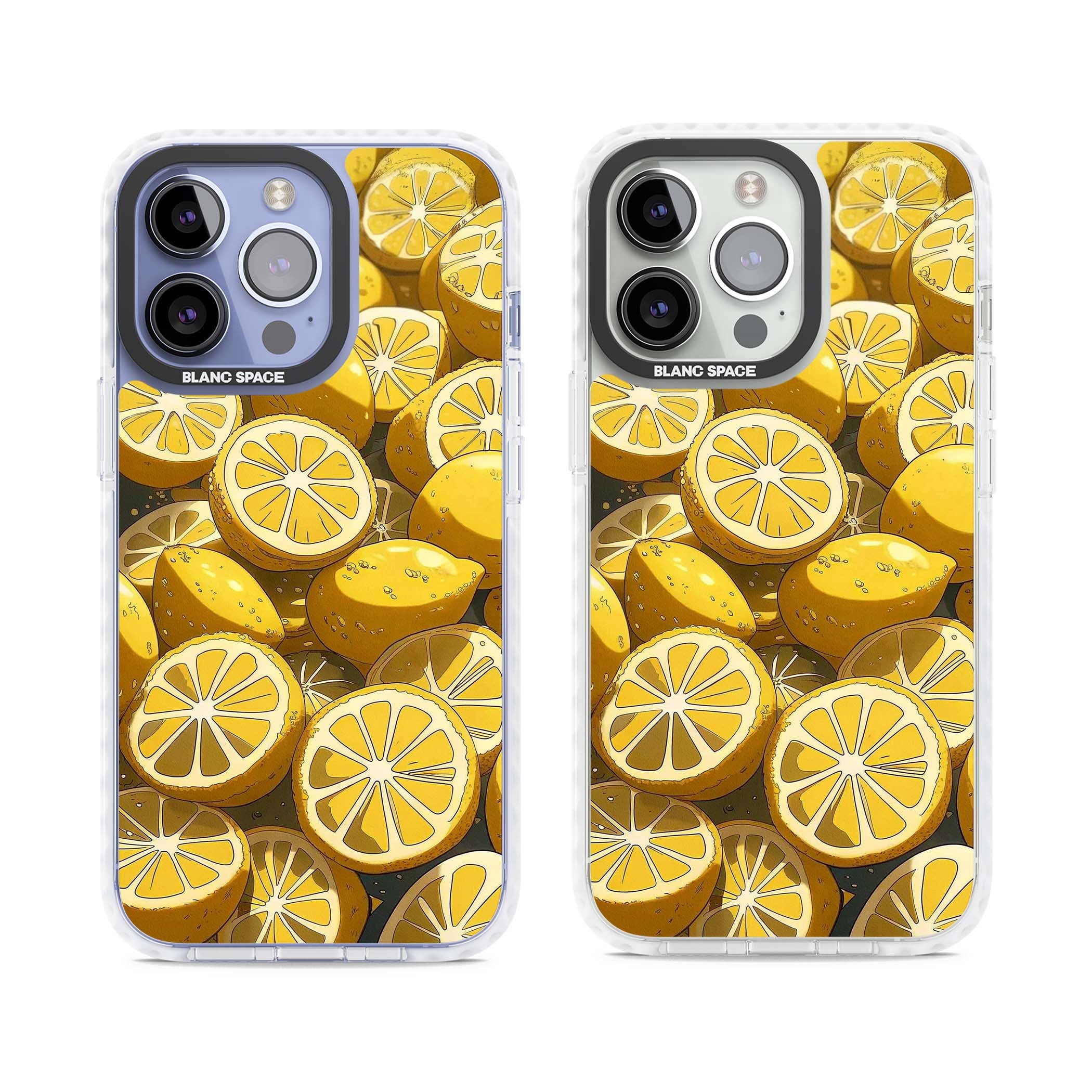 Zesty coastal iPhone case featuring illustrated Mediterranean lemons and citrus slices in golden yellow | Clear Impact case for iPhone 13 Pro, iPhone 14 Pro, iPhone 15 Pro