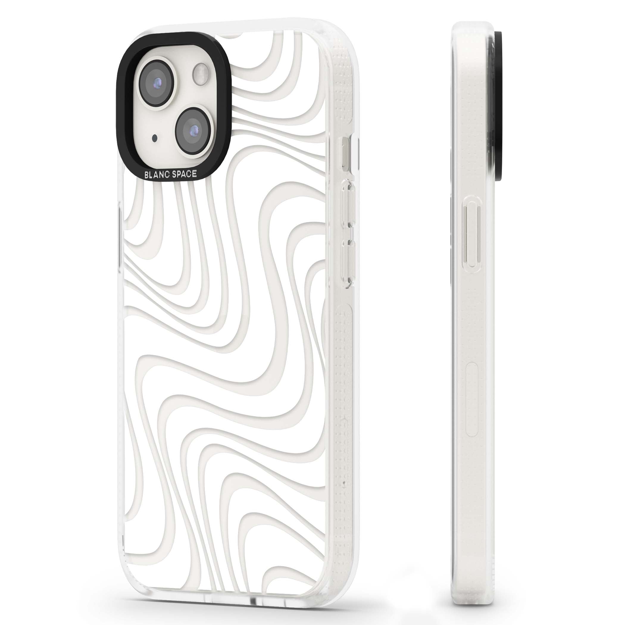 White Abstract Waves abstract iPhone case featuring flowing grey wave pattern on clear background | Clear Case Impact Air case for iPhone 15, iPhone 15 Plus