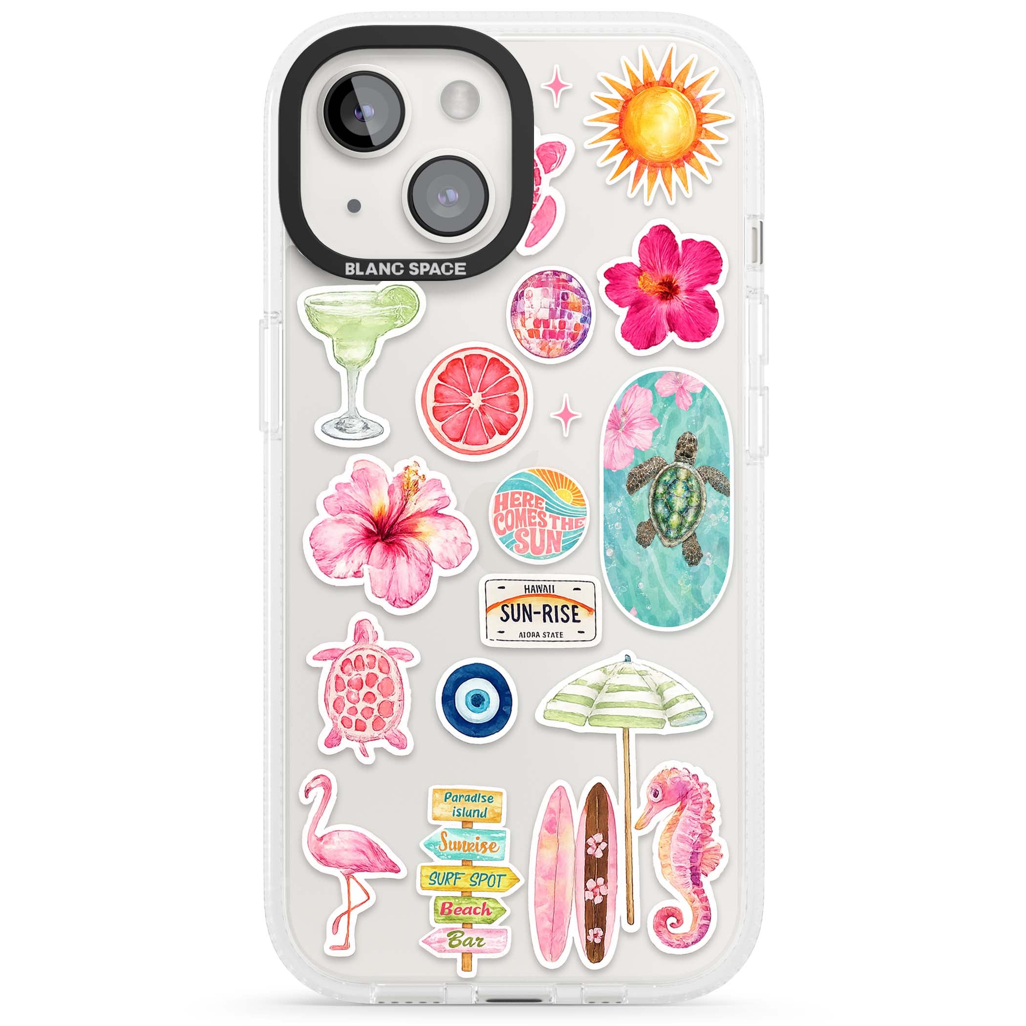 Aloha Sticker Mix tropical summer iPhone case featuring pink hibiscus, sea turtles, flamingo and beach umbrella stickers | Clear Case Impact Air case for iPhone 15, iPhone 15 Plus