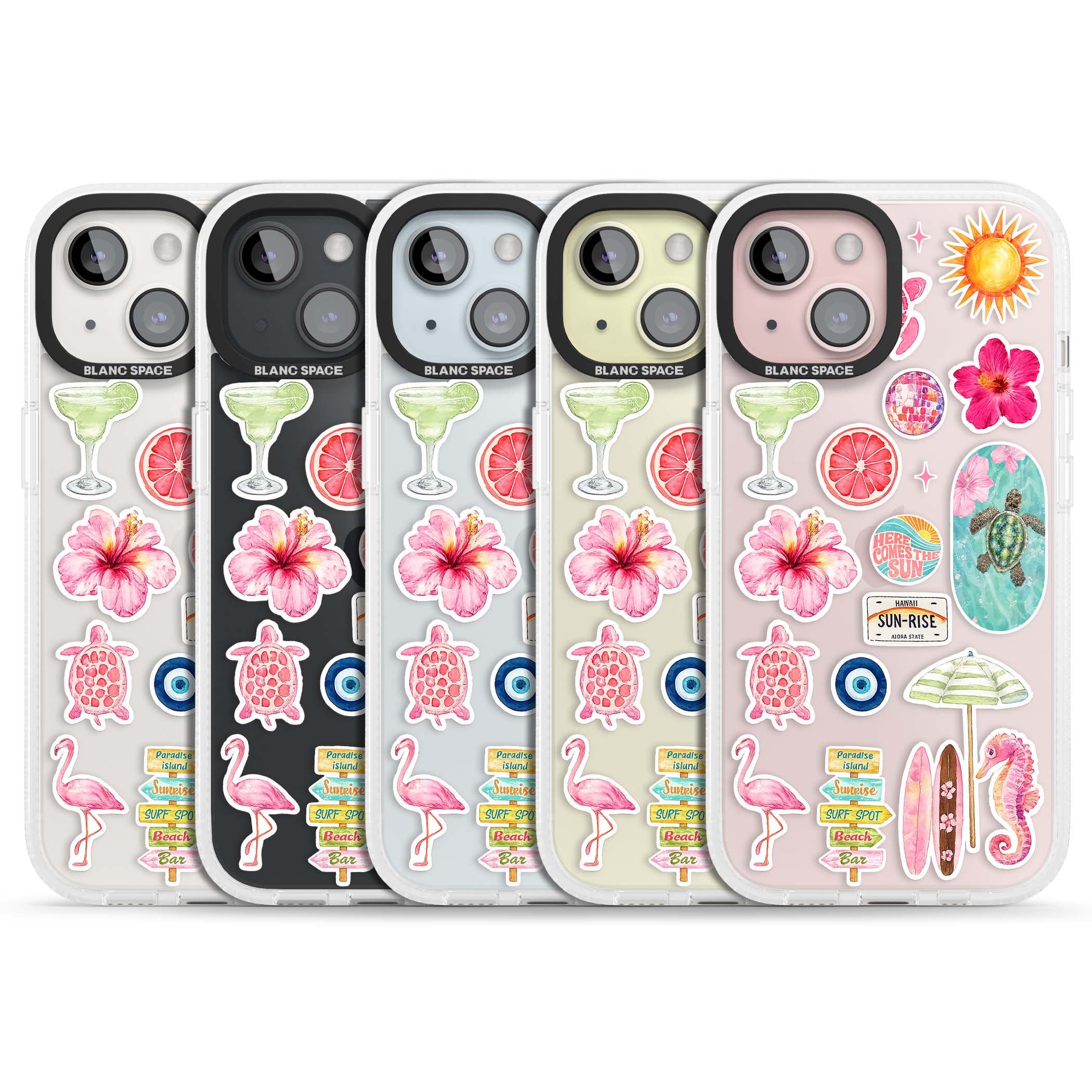Aloha Sticker Mix tropical summer iPhone case featuring pink hibiscus, sea turtles, flamingo and beach umbrella stickers | Clear Case Impact Air case for iPhone 15, iPhone 15 Plus