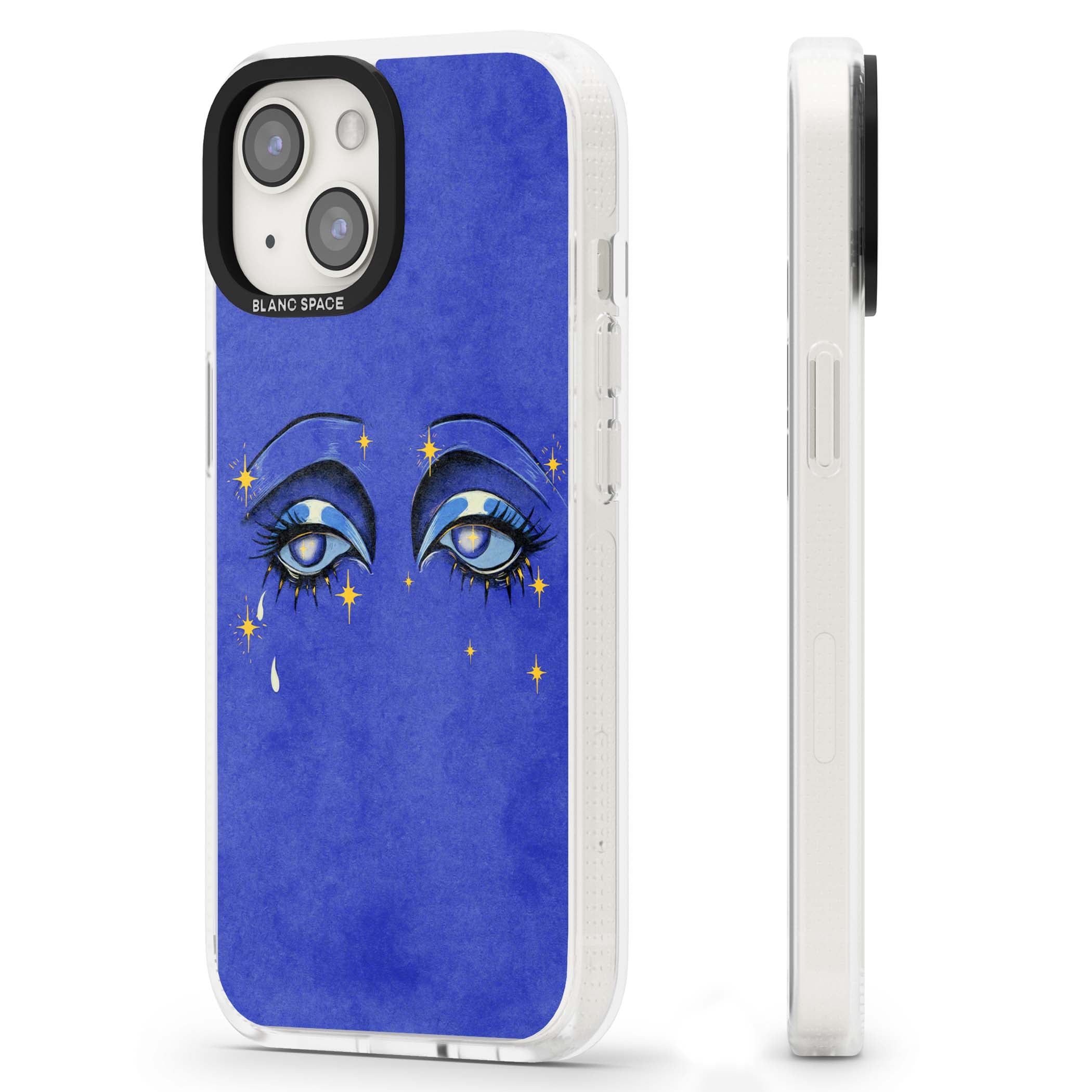 Blue Mystic Eyes celestial iPhone case featuring hand drawn blue mystical eyes, golden stars and a painted tear on indigo | Clear Case Impact Air case for iPhone 15, iPhone 15 Plus
