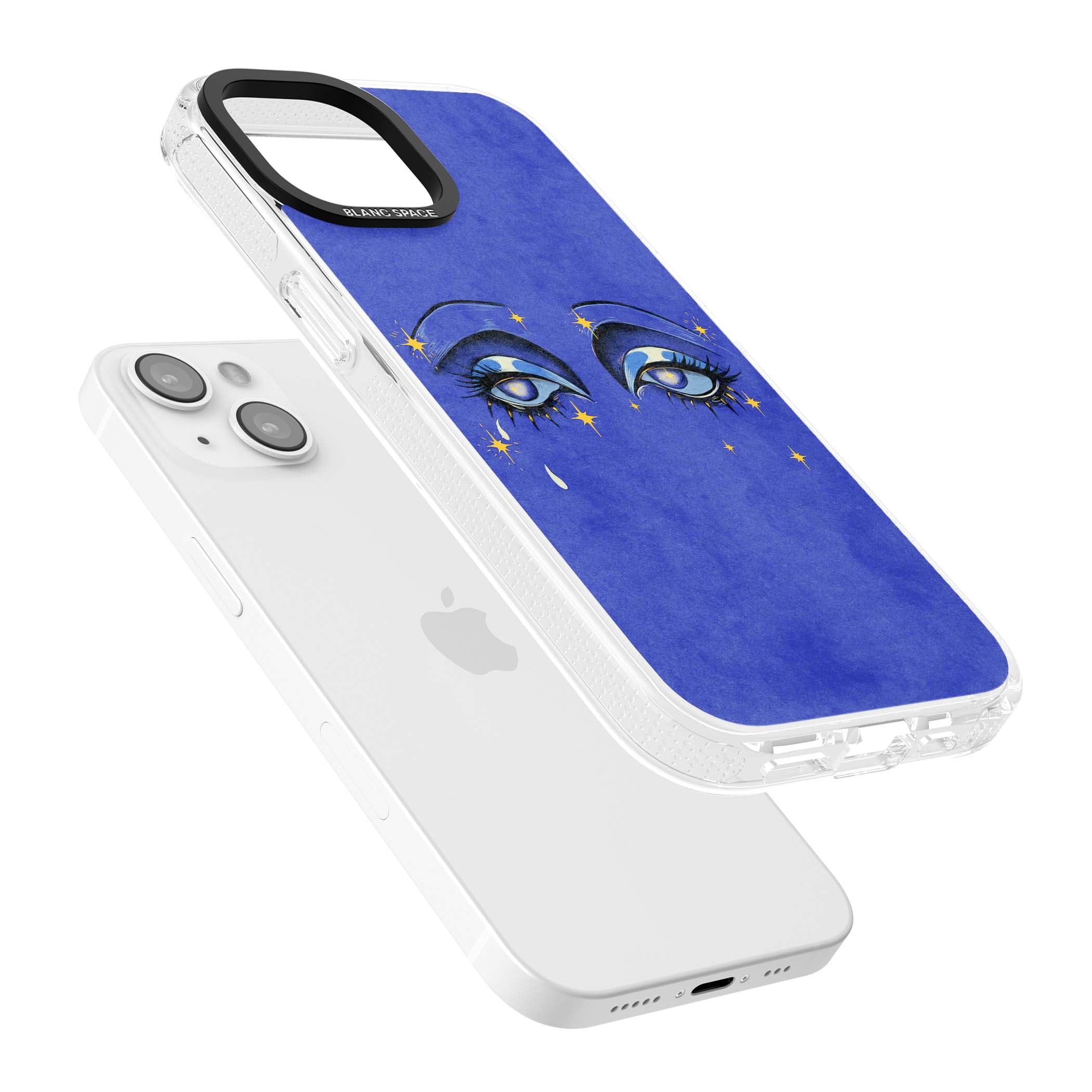 Blue Mystic Eyes celestial iPhone case featuring hand drawn blue mystical eyes, golden stars and a painted tear on indigo | Clear Case Impact Air case for iPhone 15, iPhone 15 Plus