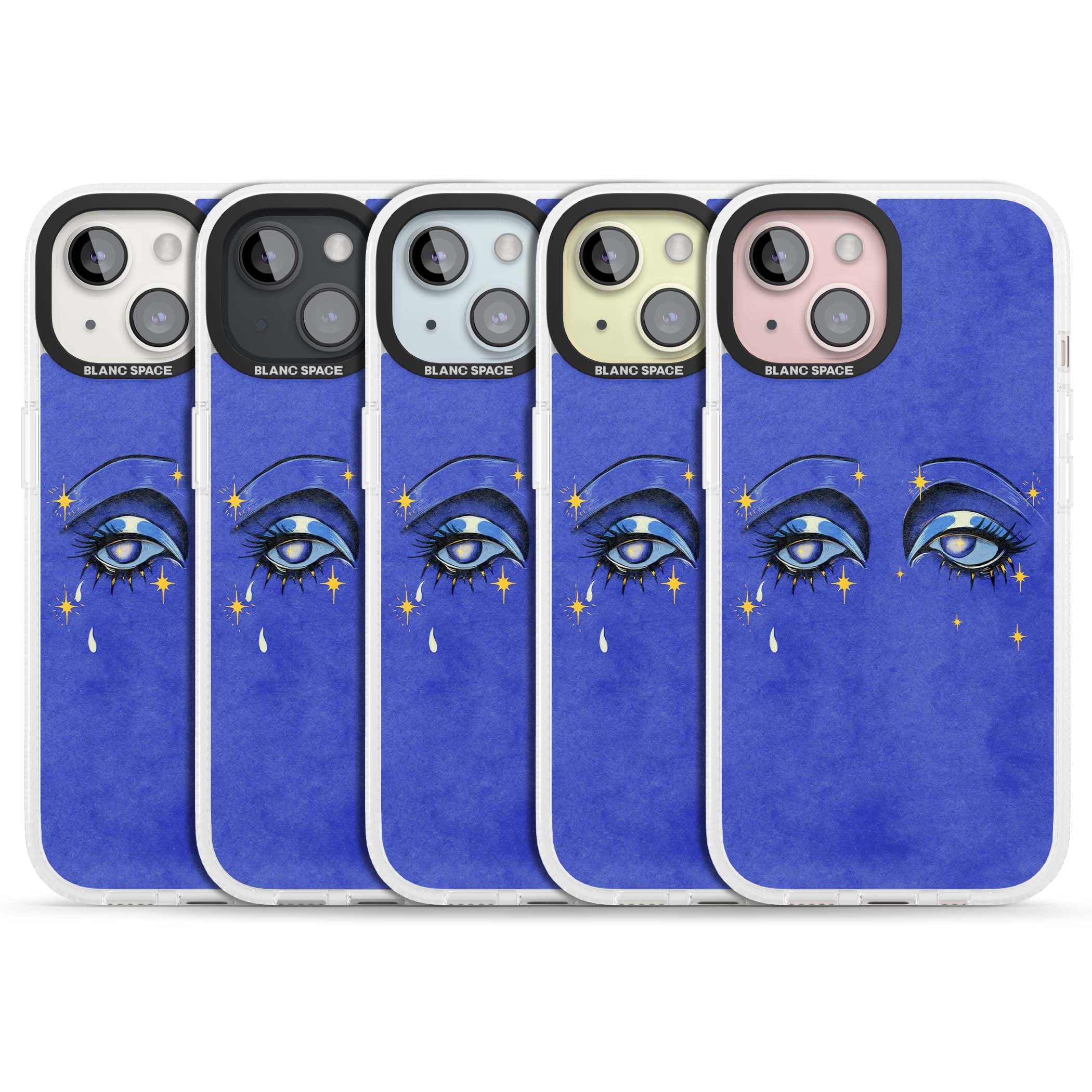 Blue Mystic Eyes celestial iPhone case featuring hand drawn blue mystical eyes, golden stars and a painted tear on indigo | Clear Case Impact Air case for iPhone 15, iPhone 15 Plus
