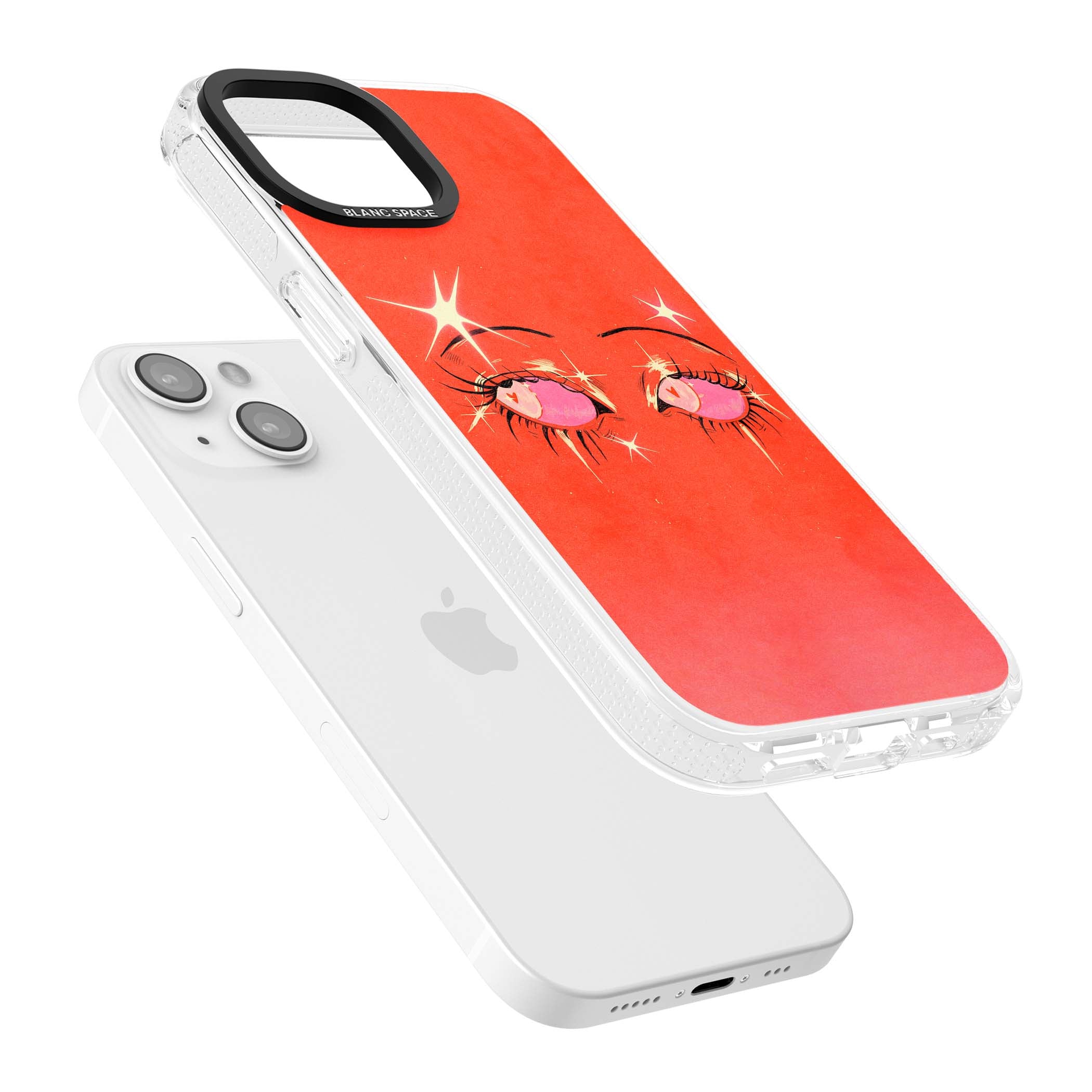 Pink Ethereal Eyes anime iPhone case featuring hand-drawn sparkly eyes with pink hearts and gold stars on red | Clear Case Impact Air case for iPhone 15, iPhone 15 Plus